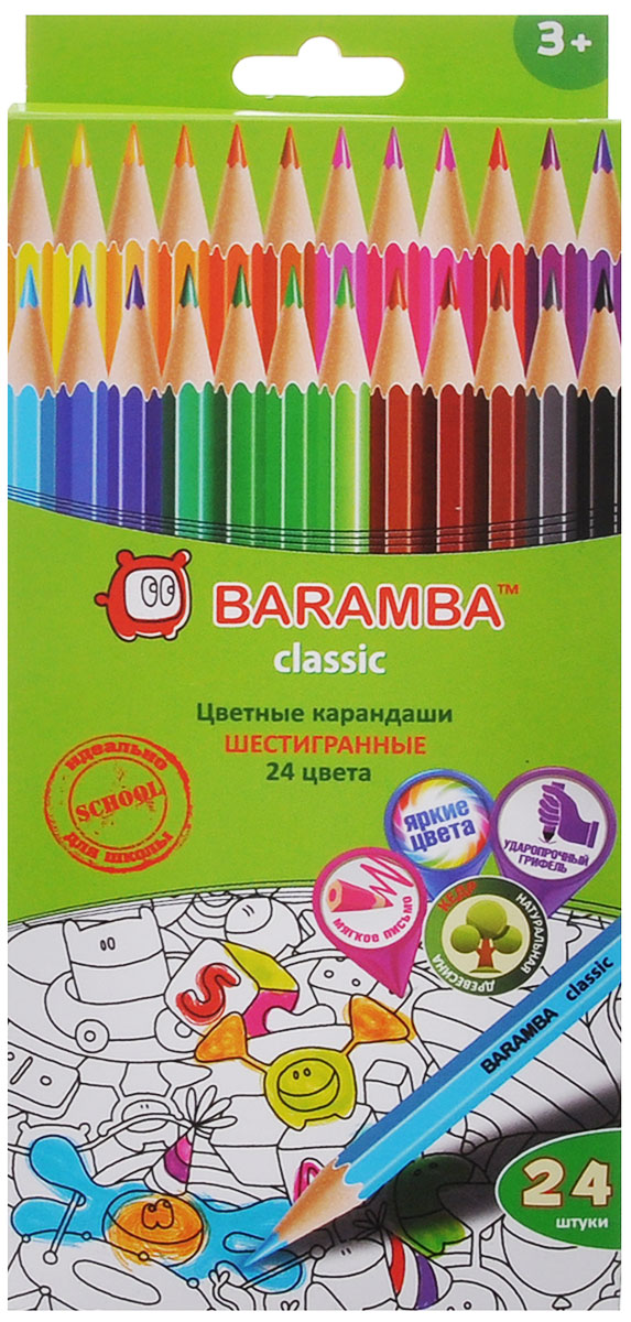 Baramba Набор цветных карандашей Classic 24 цветаB33124_без точилки Baramba Набор цветных карандашей Classic 24 цветаB33124_без точилкиЦветные карандаши Baramba Classic откроют юным художникам новые горизонты для творчества, а также помогут отлично развить мелкую моторику рук, цветовое восприятие, фантазию и воображение. Традиционный шестигранный корпус изготовлен из натуральной древесины, гладкость которого обеспечена многослойной покраской. Карандаши удобно держать в руках, а мягкий грифель не требует сильного нажима и легко стирается ластиком. Комплект включает 24 заточенных карандаша ярких насыщенных цветов.