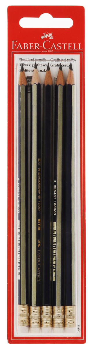 Faber-Castell Чернографитовый карандаш Goldfaber твердость HB 5 шт263395 Faber-Castell Чернографитовый карандаш Goldfaber твердость HB 5 шт263395Чернографитовый карандаш Faber-Castell Goldfaber станет не только идеальным инструментом для письма, рисования или черчения, но и дополнит ваш имидж. Шестигранный корпус выполнен из натуральной древесины с сине-золотистым покрытием с надписями золотистого цвета. Высококачественный ударопрочный грифель не крошится и не ломается при заточке. Качественная мягкая древесина обеспечивает хорошее затачивание. Специальная SV технология вклеивания грифеля предотвращает его поломку при падении на пол. Наконечник карандаша оснащен ластиком.Карандаши покрыты лаком на водной основе в целях защиты окружающей среды. Степень твердости - HB. В комплект входят 5 графитовых карандашей.