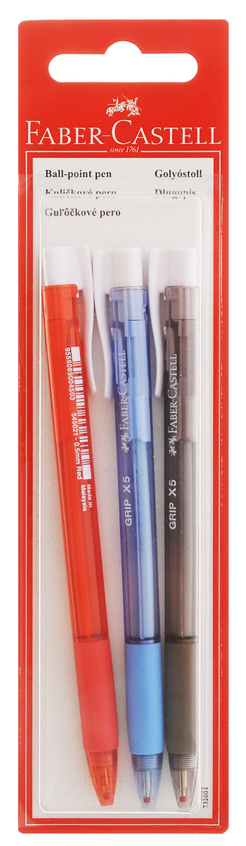 Faber-Castell Ручки шариковые GRIP X 3 шт263431 Faber-Castell Ручки шариковые GRIP X 3 шт263431Шариковые ручки Faber-Castell GRIP X станут незаменимыми атрибутами учебы или работы. Корпус ручек выполнен из пластика синего, красного и черного цветов. Высококачественные чернила позволяют добиться идеальной плавности письма. Подача стержня осуществляется посредством пружинного механизма. Ручки оснащены упругим клипом для удобной фиксации на бумаге или одежде.В комплект входят 3 ручки с синими, красными и черными чернилами.