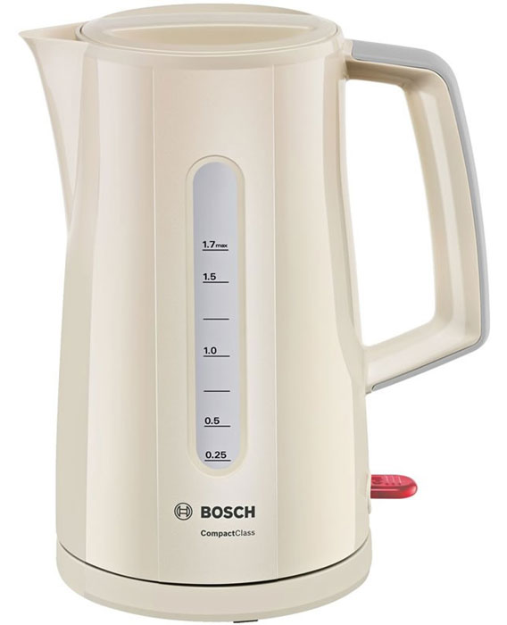 Bosch TWK3A017 электрочайникTWK3A017 Bosch TWK3A017 электрочайникTWK3A017Электрочайник Bosch TWK3A014 - это надежный и элегантный прибор, который в кратчайшие сроки обеспечит вас кипятком. При повторном кипячении вода теряет свои природные свойства, но вам этого делать не придется. Данная модель отличается способностью вскипятить воду строго на одну чашку - 0.25 мл. Максимально допустимый объем - 1.7 л, так что за раз можно обеспечить горячими напитками большую компанию. Корпус выполнен из качественного термостойкого пластика - ни малейшего запаха при нагреве. О качестве кипяченой воды позаботится встроенный фильтр, надежно удерживающий частички накипи внутри. Нагревательный элемент чайника Bosch TWK3A014 расположен под плоским диском из нержавеющей стали, что значительно облегчает уход за моделью. Автоматическое отключение делает использование прибора абсолютно безопасным. Яркий глянцевый корпус сделает прибор настоящим украшением кухни. Возможность вращения на подставке и двусторонний индикатор уровня придают дополнительный комфорт при использовании чайника.
