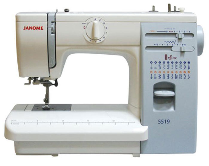 Janome 5519 швейная машина5519 Janome 5519 швейная машина5519Бытовая настольная электромеханическая швейная машина Janome 5519 с вертикальным расположением челнока качающегося типа - это мощный, несмотря на свои относительно небольшие размеры, швейный агрегат, способный справиться с тяжелыми и сверхтяжелыми тканями ничуть не хуже промышленной машины. Данная модель имеет металлическую станину, что значительно увеличивает вес машины, а также несколько большие размеры рабочего стола, оснащенного встроенной в корпус мерной линейкой. Принято считать, что швейные машины, заточенные под работу с тяжелыми и сверхтяжелыми тканями, не способны так же хорошо шить тонкие ткани, но это не так. Если установить на машину Janome 5519 специальную трикотажную лапку и верхний подающий транспортер, грамотно подобрать иглы и точно выставить натяжение нити, тщательно отрегулировав плотность стежка, то у вас не возникнет никаких затруднением с шитьем крепдешины и шелка, трикотажа и ткани типа стрейч. А с роликовой лапкой вы сможете сшить себе не только кожаную куртку, но и дублёнку из мутона. Швейная машина Janome 5519 зарекомендовала себя как надежный рабочий швейный агрегат, с которым практически не бывает проблем. Трудно найти более простую и понятную в работе швейную машину, работать на которой так легко, приятно и комфортно.
