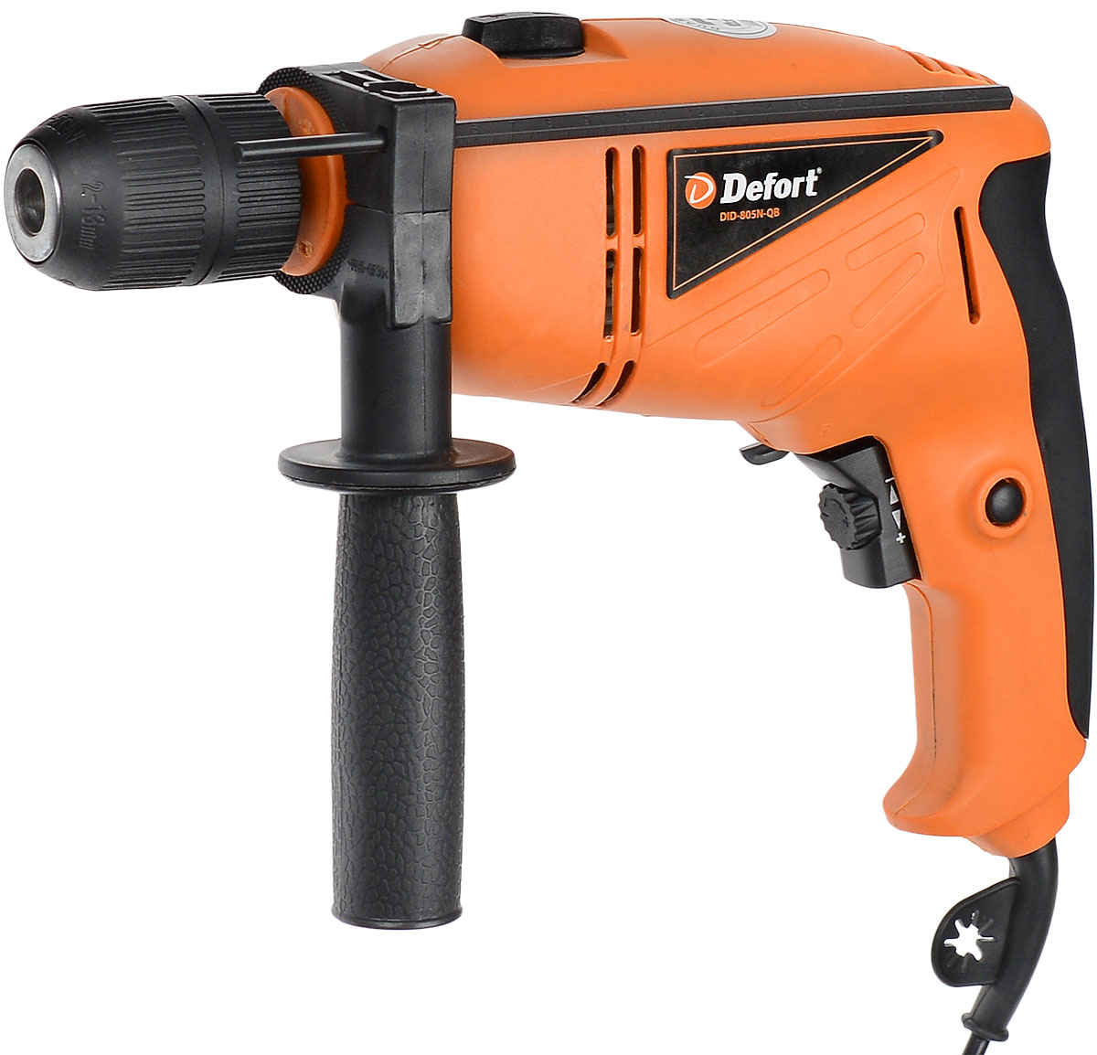 Дрель ударная Defort DID-805N-QB98293722 Дрель ударная Defort DID-805N-QB98293722Ударная дрель Defort DID-805N-QB применяется для сверления отверстий любого размера в дереве, металле или бетоне. В комплектацию входит дополнительная боковая рукоятка для удобства работы и глубиномер для ограничения глубины сверления. Регулировка скорости дрели позволяет плавно менять скоростной режим. Благодаря реверсу инструмент можно использовать в качестве шуруповерта.