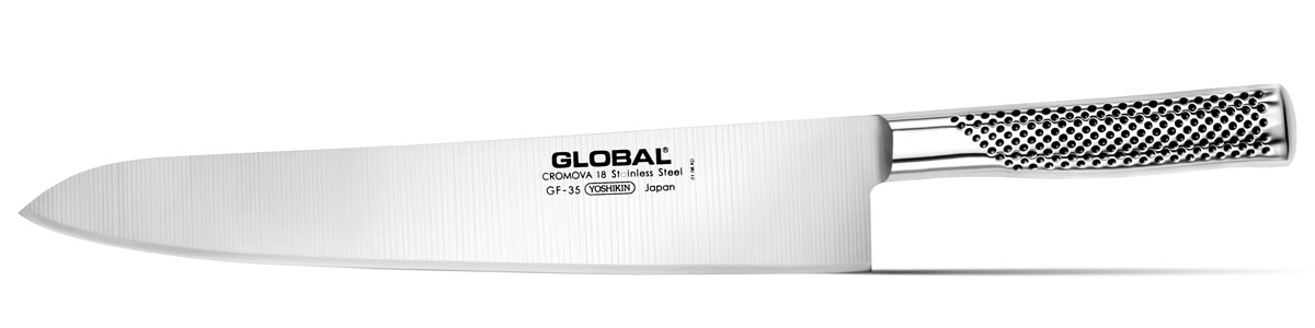 Нож кухонный Global, длина лезвия 30 смGF-35 Нож кухонный Global, длина лезвия 30 смGF-35Кухонный нож Global изготовлен из высококачественной нержавеющей стали. Лезвие такого ножа остается острым очень долгое время, оно заточено и сформировано для максимально эффективного использования. Такой нож подойдет для нарезки любых овощей, мяса без костей, рыбы и других продуктов. Нож Global станет прекрасным дополнением к коллекции ваших кухонных аксессуаров и не займет много места при хранении. Рекомендуется мыть в ручную.