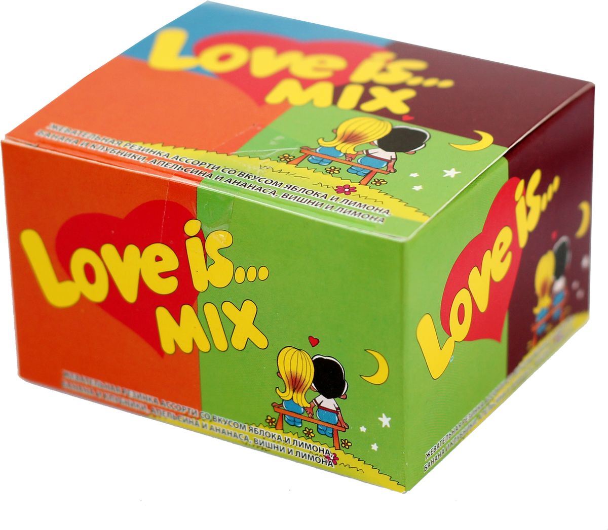 Love is Жевательная резинка, микс, 20 шт4640000277918 Love is Жевательная резинка, микс, 20 шт4640000277918Love is... сегодня не просто жевательная резинка, а культурное явление, знаковый продукт 90-х годов.Одна подушечка Love is... способна перенести вас в мир детства, а история на вкладыше — подарить отличное настроение! В упаковке - 20 жвачек ассорти, со вкусами яблока и лимона, банана и клубники, апельсина и ананаса, вишни и лимона.