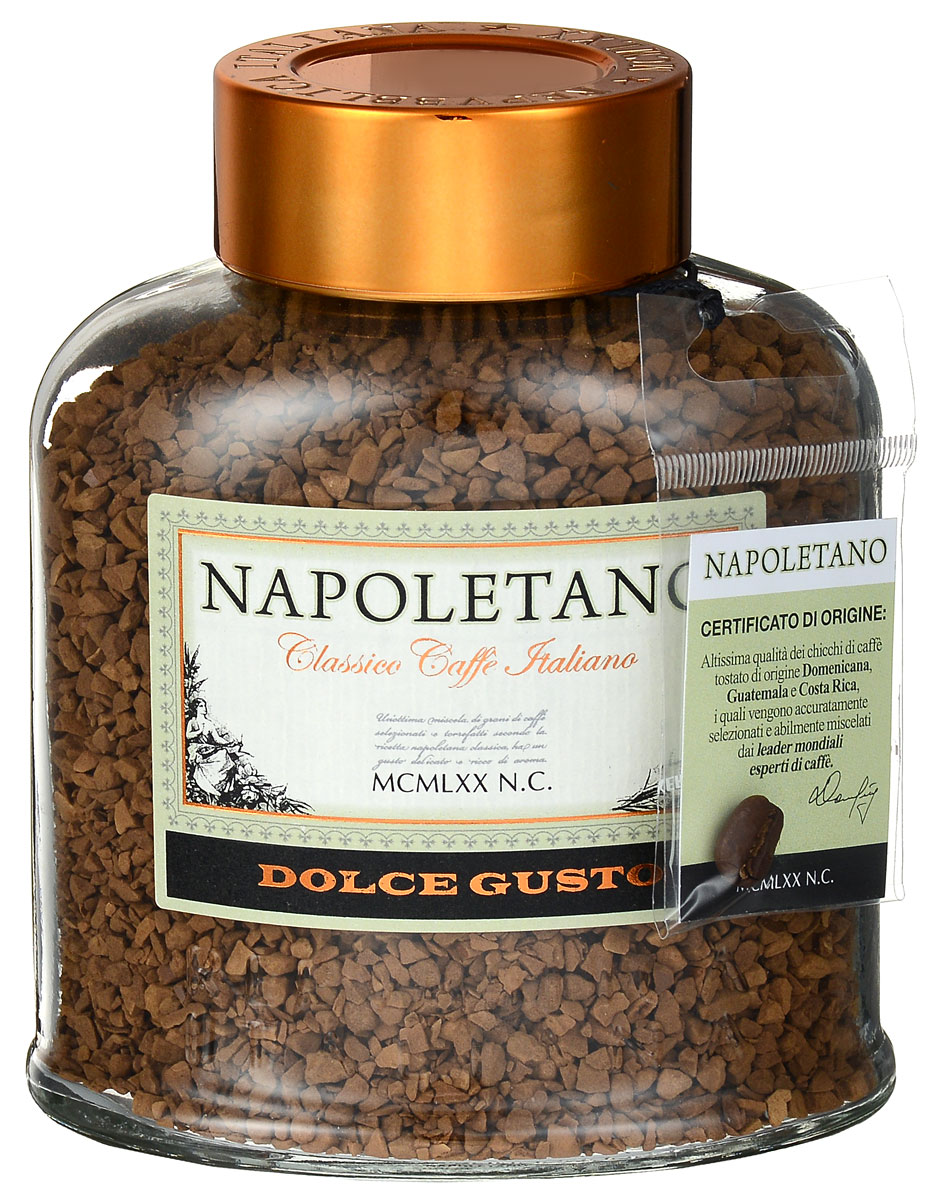 Napoletano Dolce Gusto кофе растворимый, 100 г8057288870131 Napoletano Dolce Gusto кофе растворимый, 100 г8057288870131Мягкий вкус Napoletano Dolce Gusto с легкой кислинкой и оттенками карамели - следствие тщательного отбора кофейных зерен и деликатной обжарки. Кофе для любителей итальянского эспрессо, которым угощают гостей жители южной провинции Кампанья. Натуральный сублимированный кофе Napoletano Dolce Gusto передает все оттенки вкуса знаменитого неаполитанского эспрессо.