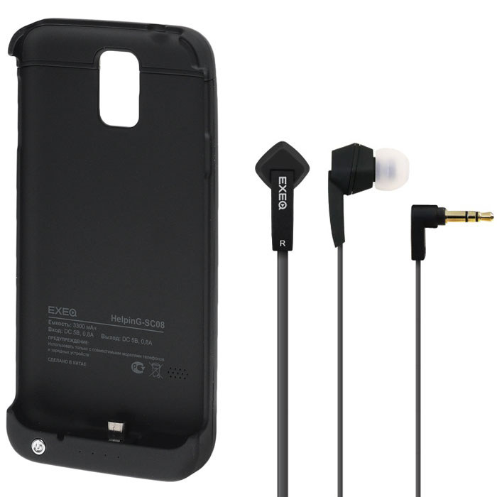EXEQ HelpinG-SC08 чехол-аккумулятор для Samsung Galaxy S5, Black (3300 мАч, клип-кейс)HelpinG-SC08 BL EXEQ HelpinG-SC08 чехол-аккумулятор для Samsung Galaxy S5, Black (3300 мАч, клип-кейс)HelpinG-SC08 BLExeq HelpinG-SС08 – универсальный аксессуар, благодаря которому ваш смартфон не только будет надежно защищен, но и обеспечен своевременной подзарядкой! Exeq HelpinG-SС08 выполнен из прочного прорезиненного пластика, который надежно защитит смартфон от ударов, царапин и загрязнений. Встроенный аккумулятор емкостью в 3300 мАч обеспечит своевременную подзарядку батареи смартфона в самые необходимые моменты его использования.Также чехол Exeq HelpinG-SС08 оборудован встроенной подставкой, которая позволит надежно закрепить телефон в горизонтальном положении, например для просмотра видео, чтения электронных книг. Заряжается чехол-аккумулятор Exeq HelpinG-SС08 от зарядного устройства телефона, причем заряжать оба устройства можно не извлекая телефон из чехла. Так для зарядки телефона просто подсоедините зарядное устройства к чехлу и нажмите кнопку питания на чехле, а для зарядки чехла просто подсоедините зарядное устройство к нему. Аналогично происходит и подключение телефона к компьютеру – чехол-аккумулятор Exeq HelpinG обеспечивает идеальную передачу данных между смартфоном и другими электронными устройствами.В комплект также входят высококачественные наушники Exeq HPC-002 с плоским кабелем с защитой от спутывания. Для блокировки нежелательных шумов в комплекте с наушниками поставляются мягкие силиконовые амбушюры 3-х размеров, которые удобно помещаются в ушах и не оказывают давления на ушную раковину. Прочный L-образный штекер с позолоченным коннектором 3,5 мм позволит комфортно подключить Exeq HPC-002 ко многим портативным устройствам.Технические характеристики Exeq HPC-002:Частотный диапазон: 19-20000 ГцДинамики: 10 ммЧувствительность: 105 дБИмпеданс: 16 ОмДлина кабеля: 1,3 м