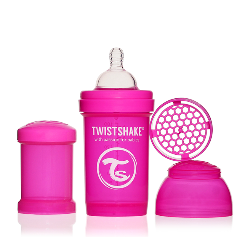 Twistshake Бутылочка для кормления 180 мл с контейнером для сухой смеси и соской 0+, розовая