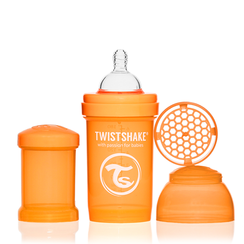 Twistshake Бутылочка для кормления 180 мл с контейнером для сухой смеси и соской 0+, оранжевая