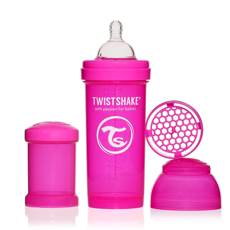Twistshake Бутылочка для кормления 260 мл с контейнером для сухой смеси и соской 2+, розовая