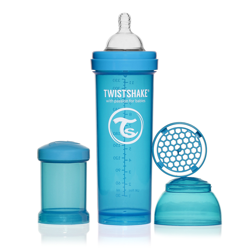 Twistshake Бутылочка для кормления 330 мл с контейнером для сухой смеси и соской 4+, голубая