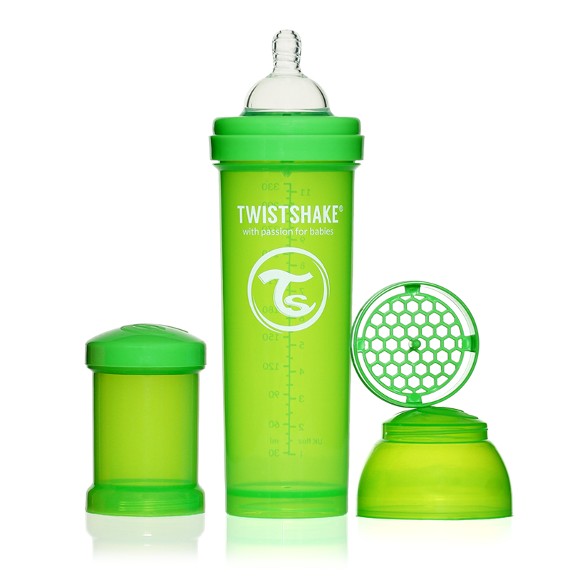 Twistshake Бутылочка для кормления 330 мл с контейнером для сухой смеси и соской 4+, зеленая