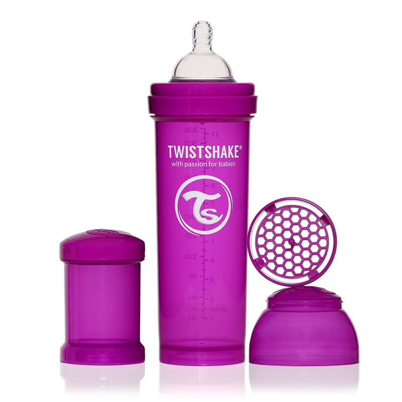 Twistshake Бутылочка для кормления 330 мл с контейнером для сухой смеси и соской 4+, лиловая