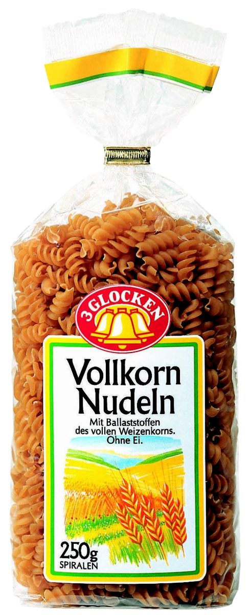 3 Glocken Spiralen Vollkornnudeln спирали диетические, 250 гVN 705476 3 Glocken Spiralen Vollkornnudeln спирали диетические, 250 гVN 705476Продукция 3 Glocken - это макаронные изделия высшего качества, произведенные из 100% твердых сортов пшеницы. Изысканный вкус, большой выбор фигурных макарон традиционных и оригинальных форм, различная фасовка, наилучшее соотношение в плане цена=качество.Продукция представлена на рынке более 15 лет и за это время отлично зарекомендовала себя среди огромного количества покупателей. Яркая оригинальная упаковка заметно выделяется на полках магазинов и привлекает к себе внимание потребителей. До сих пор ни один из покупателей не отказывался от продукции 3 Glocken, что подтверждается высокими продажами бренда на Российском рынке. Макароны Spiralen Vollkornnudeln изготовлены из муки твердых сортов, содержащей чуть меньшее количество клейковины, чем обыкновенная мука. Она хорошо поглощает воду, макароны из нее при варке увеличиваются и не развариваются. Варить макаронные изделия 15 минут в подсоленной воде. Условия хранения: в сухом прохладном месте при температуре до 30°C и относительной влажности воздуха не более 70%