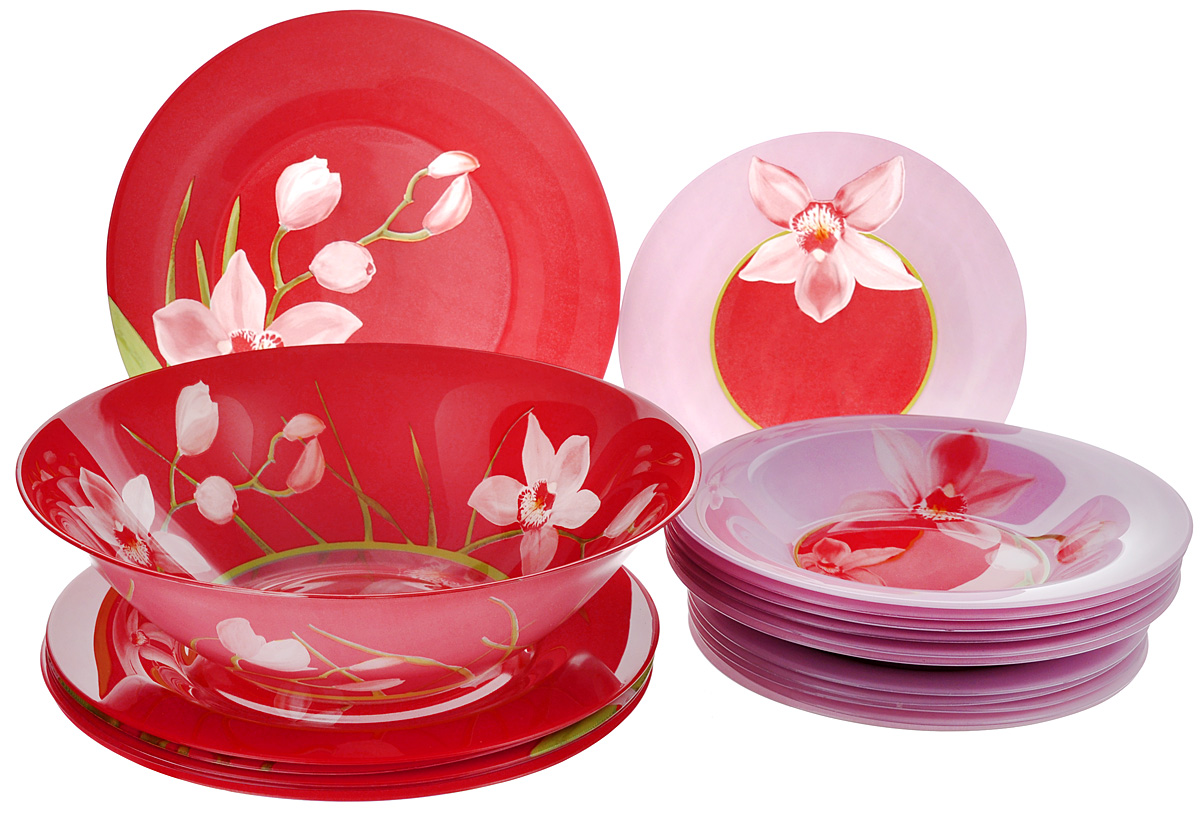 Набор столовый Luminarc Red Orchis, 19 предметовG0663 Набор столовый Luminarc Red Orchis, 19 предметовG0663Столовый набор Luminarc Red Orchis состоит из 6 суповых тарелок, 6 обеденных тарелок, 6 десертных тарелок и глубокого салатника. Изделия выполнены из ударопрочного стекла, имеют яркий дизайн с красивым цветочным рисунком и классическую круглую форму. Посуда отличается прочностью, гигиеничностью и долгим сроком службы, она устойчива к появлению царапин и резким перепадам температур. Такой набор прекрасно подойдет как для повседневного использования, так и для праздников или особенных случаев. Столовый набор Luminarc - это не только яркий и полезный подарок для родных и близких, это также великолепное дизайнерское решение для вашей кухни или столовой. Изделия можно мыть в посудомоечной машине и использовать в СВЧ-печи. Диаметр суповой тарелки: 21,5 см. Диаметр обеденной тарелки: 25 см. Диаметр десертной тарелки: 19,5 см. Диаметр салатника: 27 см. Высота стенки салатника: 8 см.