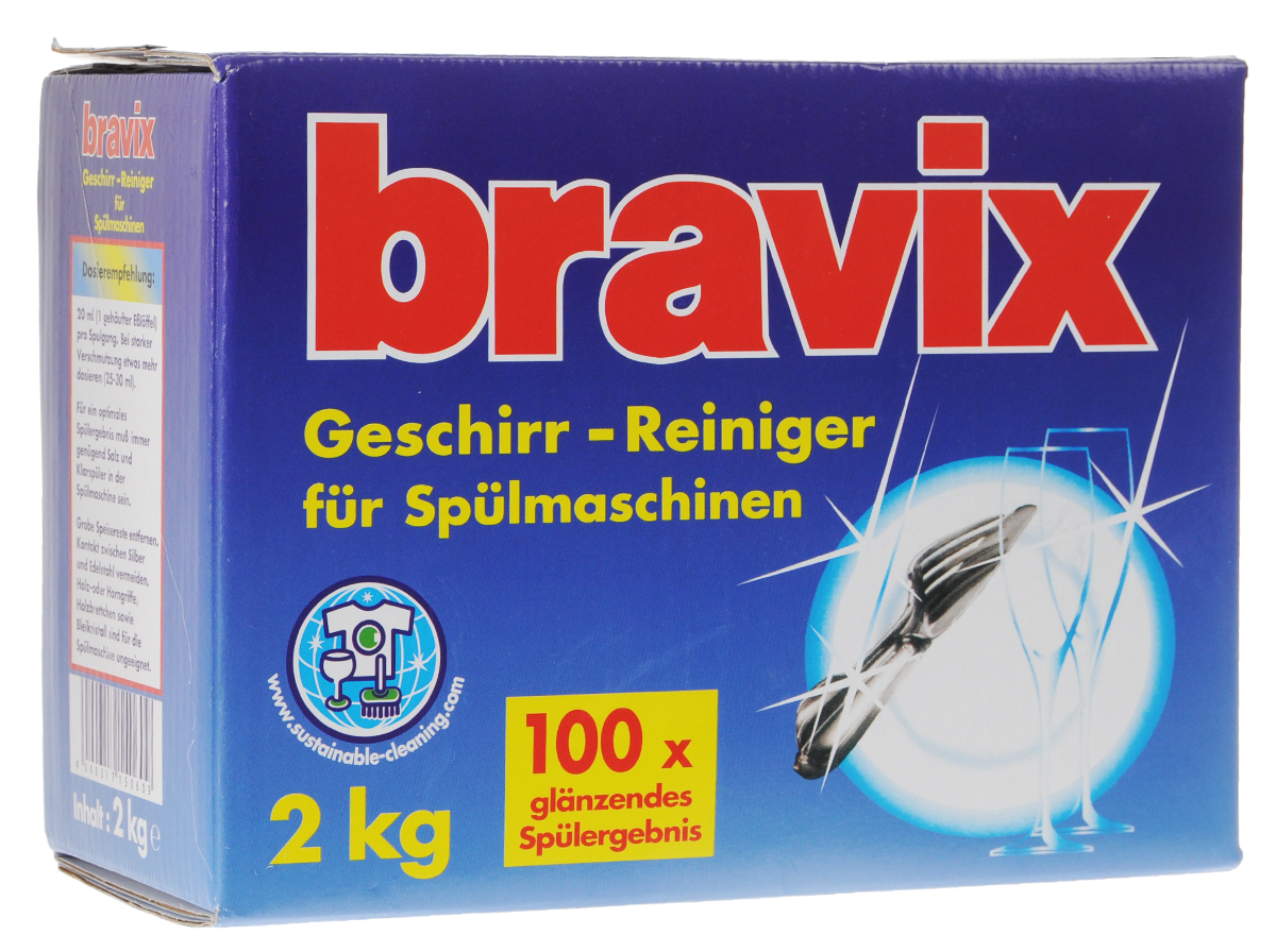 Средство для мытья посуды Bravix Geschirr-Reiniger, 2 кгI1520 Средство для мытья посуды Bravix Geschirr-Reiniger, 2 кгI1520Специальное суперэффективное средство для мытья посуды в посудомоечной машине без хлора. Обеспечивает кристальную чистоту посуды, специальные компоненты на основе кислорода расщепляют остатки пищи, удаляют застарелые пятна. Моет до блеска даже в жесткой воде, пригодно для всех типов ПММ. Средство рассчитано на 100 циклов.Меры предосторожности: Беречь от детей! Характеристики: Вес: 2 кг.Размер упаковки: 12 см х 9 см х 15 см.Состав: неионные тензиды (30%).