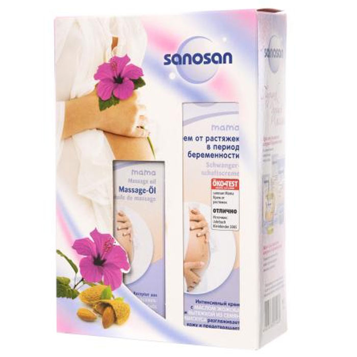 Набор Sanosan mama Подарок будущей маме. Крем от растяжек, масло для массажа700486 Набор Sanosan mama Подарок будущей маме. Крем от растяжек, масло для массажа700486Набор Sanosan mama включает в себя два продукта, обеспечивающих оптимальный уход за кожей в период беременности и кормления грудью.Их высокая эффективность, а главное - безопасность для мамы и ее будущего малыша, подтверждены клиническими испытаниями.Крем от растяжек в период беременности повышает эластичность кожи, предупреждает появление растяжек и образование рубцов. Восстанавливает потерянный тонус кожи. Содержит вытяжку из семян гибискуса, хитозан и масло жожоба.Способ применения: наносите средство на живот, бедра и грудь 2 раза в день, начиная с 3-го месяца беременности. Масло для массажа в период беременности защищает кожу от пересушивания, при регулярном применении повышает эластичность кожи и предотвращает появление растяжек. Уникальный продукт - на 97% состоит из ценных натуральных масел подсолнечника, миндаля и жожоба. Способ применения: наносите средство с первого месяца беременности, нежными движениями ежедневно массируйте живот, бедра, ягодицы и грудь. Характеристики: Объем крема от растяжек: 100 мл. Объем масла для массажа: 100 мл. Размер коробки: 17 см х 11,5 см х 5 см.Косметическая линияSanosan mamaразработана и произведена в Германии, она содержит ценные натуральные компоненты, благотворно влияющие на здоровье кожи мамы и ее будущего малыша. ПродукцияSanosan mamaдля беременных и кормящих мам обеспечивает ежедневный комфорт, помогает продлить удовольствие и моменты радости во время беременности. Товар сертифицирован. Крем от растяжек, масло для массажа.