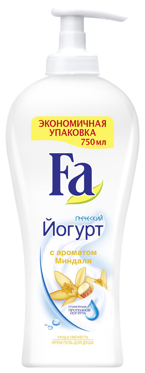 Fa Гель для душа Греческий Йогурт ,750 мл1205274851 Fa Гель для душа Греческий Йогурт ,750 мл1205274851Откройте для себя море свежести и бережное очищение скрем-гелем Fa Греческий Йогурт. Его формула с удвоенными протеинами йогурта поддерживает естественный баланс кожи и защищает ее от сухости каждый раз, когда вы принимаете душ с Fa.Легкая кремовая текстура геля с мягким ароматом миндаля превращается в воздушную пену и балует вашу кожу. » С удвоенными протеинами йогурта для интенсивного ухода » С пребиотик комплексом для защиты кожи » pH нейтральный» Хорошая переносимость кожей » Протестировано дерматологами