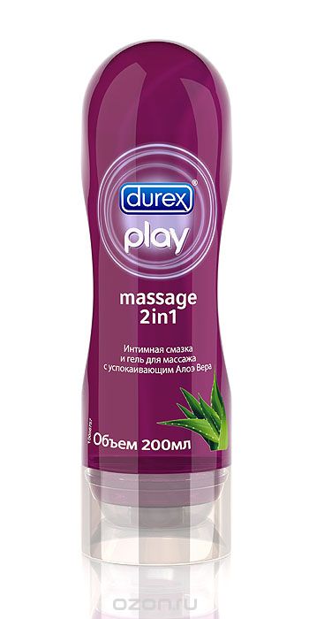 DUREX Play Massage 2in1 с успокаивающим Алоэ Вера Интимная смазка и гель для массажа 200мл4602228001805 DUREX Play Massage 2in1 с успокаивающим Алоэ Вера Интимная смазка и гель для массажа 200мл4602228001805Гель Play Massage 2 в 1 содержит экстракт Алое Вера. Легкий и нежирный, он прекрасно увлажняет и питает кожу, устраняя дискомфорт и усиливая Ваши сексуальные ощущения. Наш специально разработанный флакон с уникальным массажным аппликатором сделает применение еще более комфортным.Будьте уверены, все гели-смазки Durex подходят для использования с презервативами!Не содержат спермициды и не являются контрацептивом.Хранить при комнатной температуре в сухом, недоступном для детей месте, вдали от прямого солнечного света. Открытую упаковку использовать в течении трех месяцев.Могут замедлять движение сперматозоидов, поэтому если вы планируете забеременеть, перед примением проконсультируйтесь у врача. Избегайте попадания в глаза. Прекратите использование при появлении раздражения. Обратитесь к врачу, если раздражение продолжается или есть необходимость использовать гель-смазку регулярно.Откройте и аккуратно выдавите немного геля-смазки и нанесите на тело и/или интимные области. Также можно наносить на внешнюю сторону надетого презерватива. Легко смываются водой, не липкие и не оставляют пятен. Подходят для вагинального, анального и орального секса. Безопасны при возможном проглатывании. Не повреждают презервативы. Характеристики:Объем: 200 мл. Производитель: Таиланд. Товар сертифицирован.