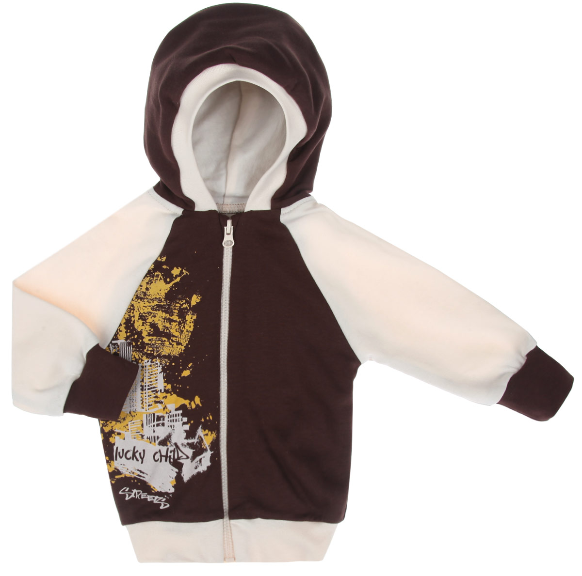 Кофточка детская Lucky Child Город, цвет: коричневый, бежевый, желтый. 16-17. Размер 74/80, 6-9 месяцев16-17 Кофточка детская Lucky Child Город, цвет: коричневый, бежевый, желтый. 16-17. Размер 74/80, 6-9 месяцев16-17Кофточка Lucky Child Город станет отличным дополнением к детскому гардеробу, обеспечивая ребенку наибольший комфорт. Кофточка изготовлена из натурального хлопка, благодаря чему она необычайно мягкая и легкая, не раздражает нежную кожу ребенка и хорошо вентилируется. Эластичные швы приятны телу младенца и не препятствуют его движениям. Кофточка с капюшоном и длинными рукавами-реглан застегивается на пластиковую застежку-молнию по всей длине, что помогает легко переодеть младенца. Рукава, низ изделия и край капюшона дополнены широкими трикотажными резинками. Изделие оформлено принтом с изображением города. Кофточка полностью соответствует особенностям жизни ребенка в ранний период, не стесняя и не ограничивая его в движениях. В ней ваш ребенок всегда будет в центре внимания.