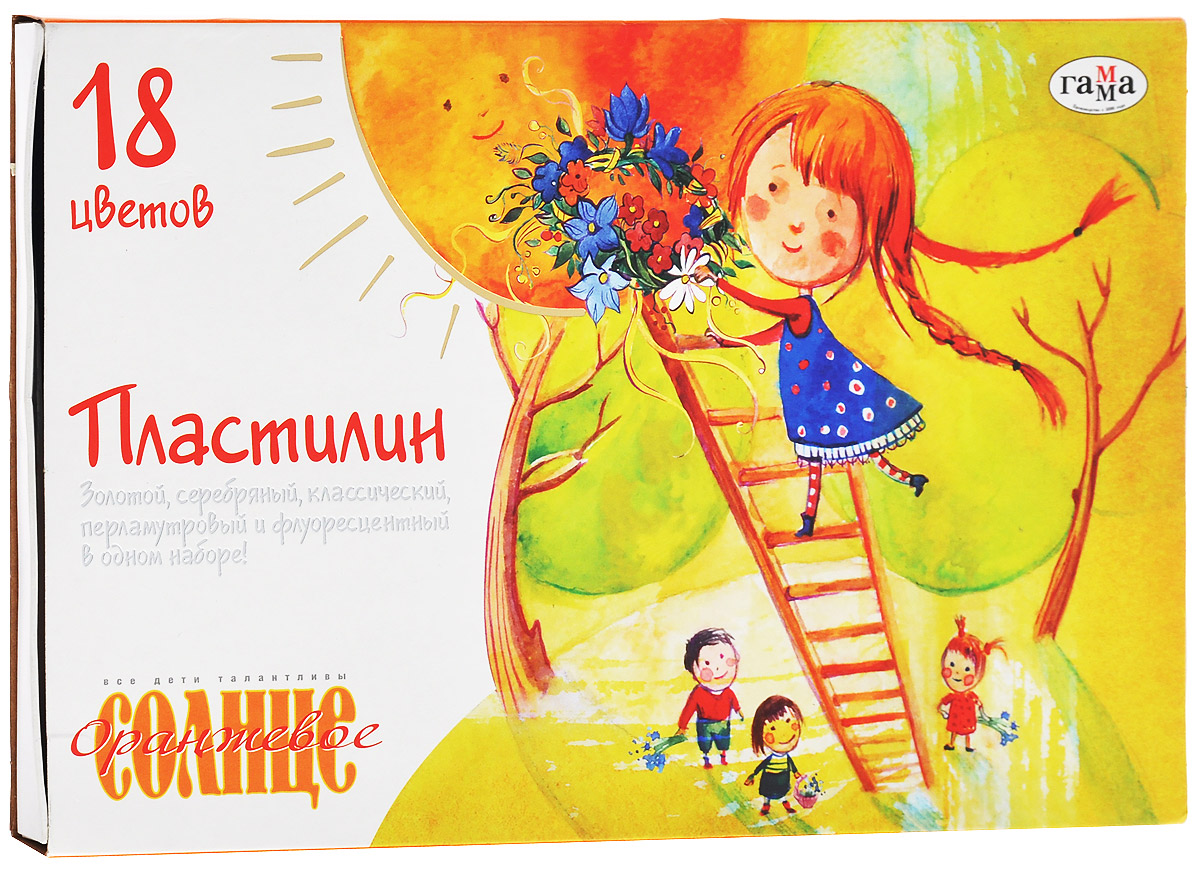 Пластилин Оранжевое солнце, со стеком, 18 цветов280040_девочка Пластилин Оранжевое солнце, со стеком, 18 цветов280040_девочкаЦветной пластилин Оранжевое солнце, предназначенный для лепки и моделирования, поможет ребенку развить творческие способности, воображение и мелкую моторику рук. Пластилин обладает отличными пластичными свойствами, быстро размягчается, хорошо держит форму и не липнет к рукам. Легко отмывается с рук и отстирывается от одежды. Пластилин нетоксичен, безопасен для здоровья. В наборе шесть брусочков пластилина белого, желтого, красного, зеленого, коричневого и черного цветов, шесть брусочков перламутровых цветов: серебристого, золотистого, кораллового, салатового, голубого и сиреневого, шесть брусочков воскового пластилина флуоресцентных цветов: лимонного, оранжевого, красного, светло-зеленого, синего и темно-синего. Также в комплект набора входит стек-нож. Характеристики:Размер брусочка пластилина: 7 см х 2 см х 0,8 см. Длина стека: 14 см. Размер упаковки: 24 см х 15 см х 1,5 см.