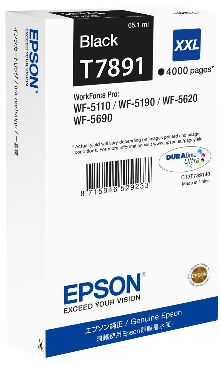 Epson T7891 XXL (C13T789140), Black картридж для WorkForce Pro WF-5xxxC13T789140 Epson T7891 XXL (C13T789140), Black картридж для WorkForce Pro WF-5xxxC13T789140Картридж экстраповышенной емкости Epson T7891 XXL с черными чернилами для Epson WorkForce Pro служит для печати превосходных фотоснимков и рассчитан на 4000 страниц печати.