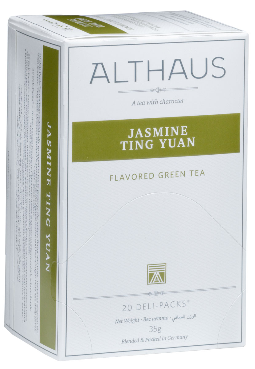 Althaus Jasminе Ting Yuan чай ароматизированный в пакетиках, 20 штTALTHB-DP0020 Althaus Jasminе Ting Yuan чай ароматизированный в пакетиках, 20 штTALTHB-DP0020Jasminе Ting Yuan — замечательный китайский зеленый чай с жасмином. Jasminе Ting Yuan (в переводе Жасминовый сад) производится вкитайской провинции Гуанси. Вкус этого чая — элегантный и ароматный. Легкий напиток превосходно сочетается с блюдами китайской кухни.Оптимальная температура заваривания Jasminе Ting Yuan 85°С.В каждой упаковке находится по 20 пакетиков чая для чашек.Страна: Китай.Температура воды: 75-85 °С.Время заваривания:2-3 мин. Цвет в чашке: зелено-желтый.Althaus - премиальная чайная коллекция.Чай, ингредиенты и ароматизаторы для своих купажей компания Althaus получает от тщательно выбираемых чайных садов, мировых поставщиков высококачественных сублимированных фруктов и трав, а также ведущих европейских производителей ароматизаторов. Пакетик Deli Pack представляет собой порционный двухкамерный мешочек из фильтр-бумаги, запаянный в специальный термоконверт с алюминиевой фольгой. Материал конвертов, в которые запаиваются мешочки с чаем Althaus состоит из четырех слоев:белая бумага с нанесением изображенияполиэтилен пониженной плотностиалюминиевая фольгаполипропилен.Благодаря такому составу упаковка Deli Packs исключает потерю первоначального вкуса и аромата чая в процессе транспортировки и хранения. Deli Packs прекрасно подходят для:домашнего использованияресторанов самообслуживаниябанкетовзавтраков в гостиницахлюбых других случаев, когда необходимо быстро и без особых усилий заварить чашку качественного чая.