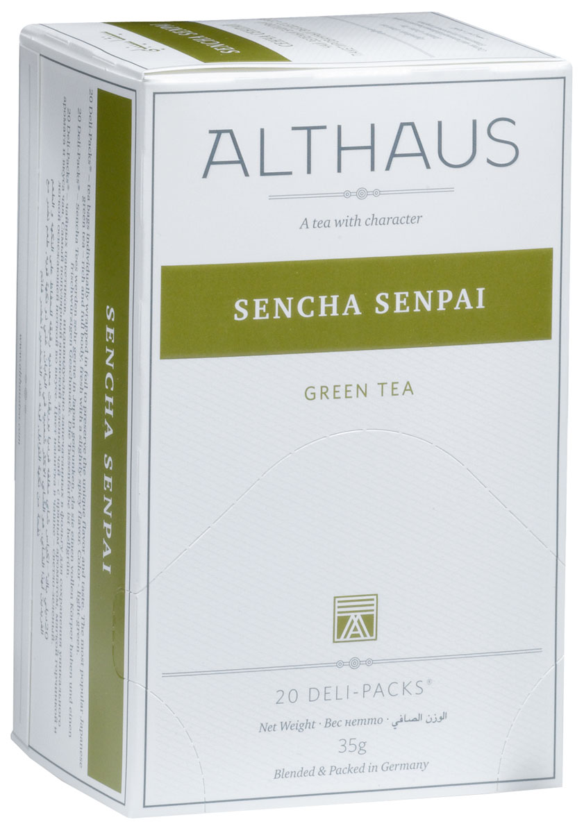Althaus Sencha Senpai чай зеленый в пакетиках, 20 штTALTHB-DP0019 Althaus Sencha Senpai чай зеленый в пакетиках, 20 штTALTHB-DP0019Sencha Senpai - классический японский зеленый чай, обработанный по особой технологии на пару. Сенча обладает терпким вкусом с утонченным травянистым ароматом, мягкой горчинкой и легкой сладковатой ноткой. Сенча Сенпай превосходно сочетается с японской кухней. Оптимальная температура заваривания Сенча Сенпай 80°С. В каждой упаковке находится по 20 пакетиков чая для чашек. Страна: Япония.Температура воды: 75-85 °С.Время заваривания: 2-3 мин.Цвет в чашке: светло-зеленый.Althaus - премиальная чайная коллекция.Чай, ингредиенты и ароматизаторы для своих купажей компания Althaus получает от тщательно выбираемых чайных садов, мировых поставщиков высококачественных сублимированных фруктов и трав, а также ведущих европейских производителей ароматизаторов. Пакетик Deli Pack представляет собой порционный двухкамерный мешочек из фильтр-бумаги, запаянный в специальный термоконверт с алюминиевой фольгой. Материал конвертов, в которые запаиваются мешочки с чаем Althaus состоит из четырех слоев:белая бумага с нанесением изображенияполиэтилен пониженной плотностиалюминиевая фольгаполипропилен.Благодаря такому составу упаковка Deli Packs исключает потерю первоначального вкуса и аромата чая в процессе транспортировки и хранения. Deli Packs прекрасно подходят для:домашнего использованияресторанов самообслуживаниябанкетовзавтраков в гостиницахлюбых других случаев, когда необходимо быстро и без особых усилий заварить чашку качественного чая.