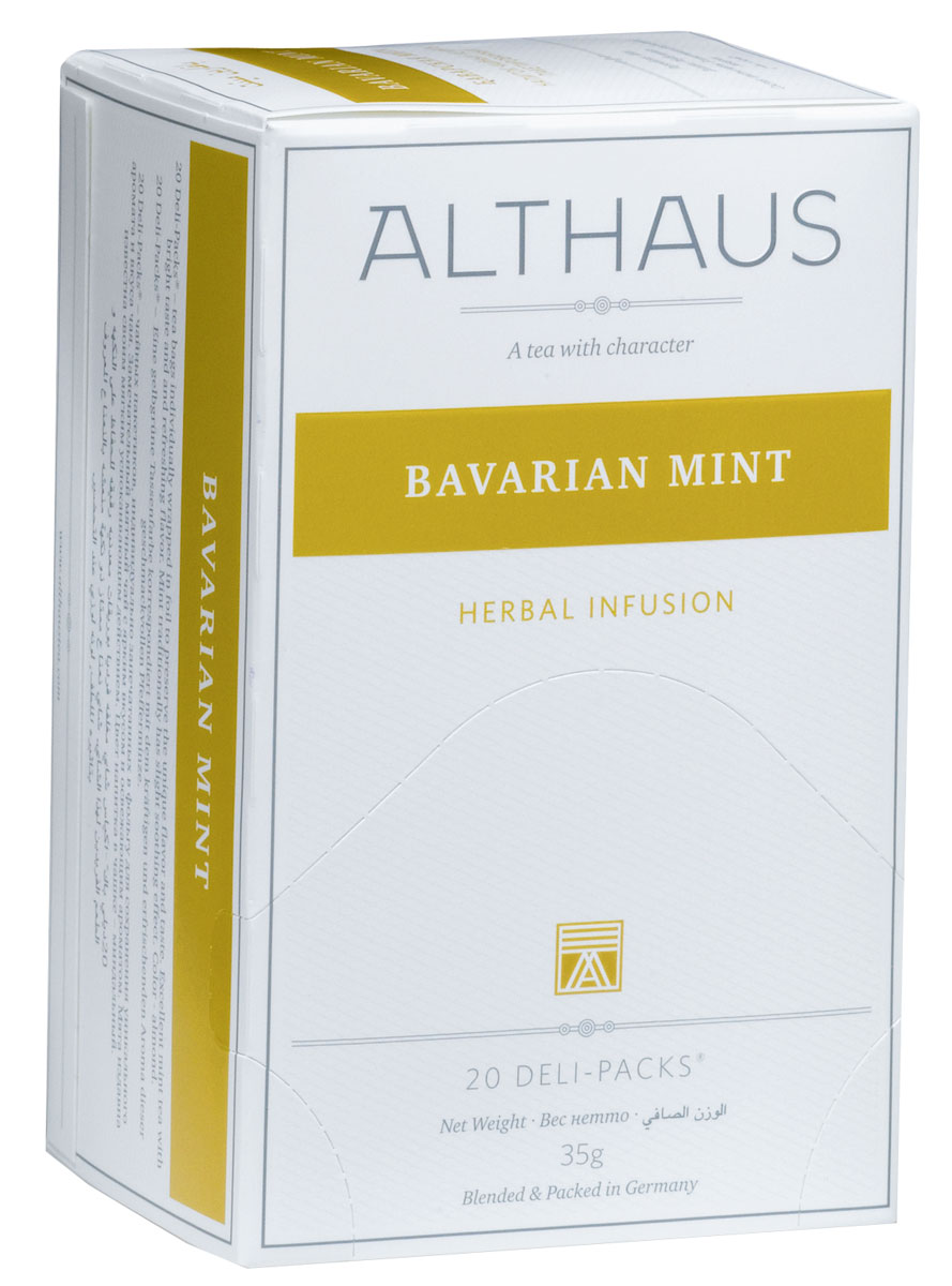 Althaus Bavarian Mint чай травяной в пакетиках, 20 штTALTHB-DP0023 Althaus Bavarian Mint чай травяной в пакетиках, 20 штTALTHB-DP0023Bavarian Mint - замечательный мятный напиток с ярким травянисто-сладковатым вкусом и бодрящим ментоловым ароматом. Мята может стать замечательной добавкой к традиционному чаю. Мята — одно из древнейших лекарственных растений. Благодаря содержанию особых эфирных масел мята оказывает мягкое успокаивающее воздействие и благотворно влияет на работу головного мозга.В каждой упаковке находится по 20 пакетиков чая для чашек. Страна: Германия.Температура воды: 85-100 °С.Время заваривания: 4-5 мин.Цвет в чашке: зеленовато-коричневый.Althaus - премиальная чайная коллекция.Чай, ингредиенты и ароматизаторы для своих купажей компания Althaus получает от тщательно выбираемых чайных садов, мировых поставщиков высококачественных сублимированных фруктов и трав, а также ведущих европейских производителей ароматизаторов. Пакетик Deli Pack представляет собой порционный двухкамерный мешочек из фильтр-бумаги, запаянный в специальный термоконверт с алюминиевой фольгой. Материал конвертов, в которые запаиваются мешочки с чаем Althaus состоит из четырех слоев:белая бумага с нанесением изображенияполиэтилен пониженной плотностиалюминиевая фольгаполипропилен.Благодаря такому составу упаковка Deli Packs исключает потерю первоначального вкуса и аромата чая в процессе транспортировки и хранения. Deli Packs прекрасно подходят для:домашнего использованияресторанов самообслуживаниябанкетовзавтраков в гостиницахлюбых других случаев, когда необходимо быстро и без особых усилий заварить чашку качественного чая.