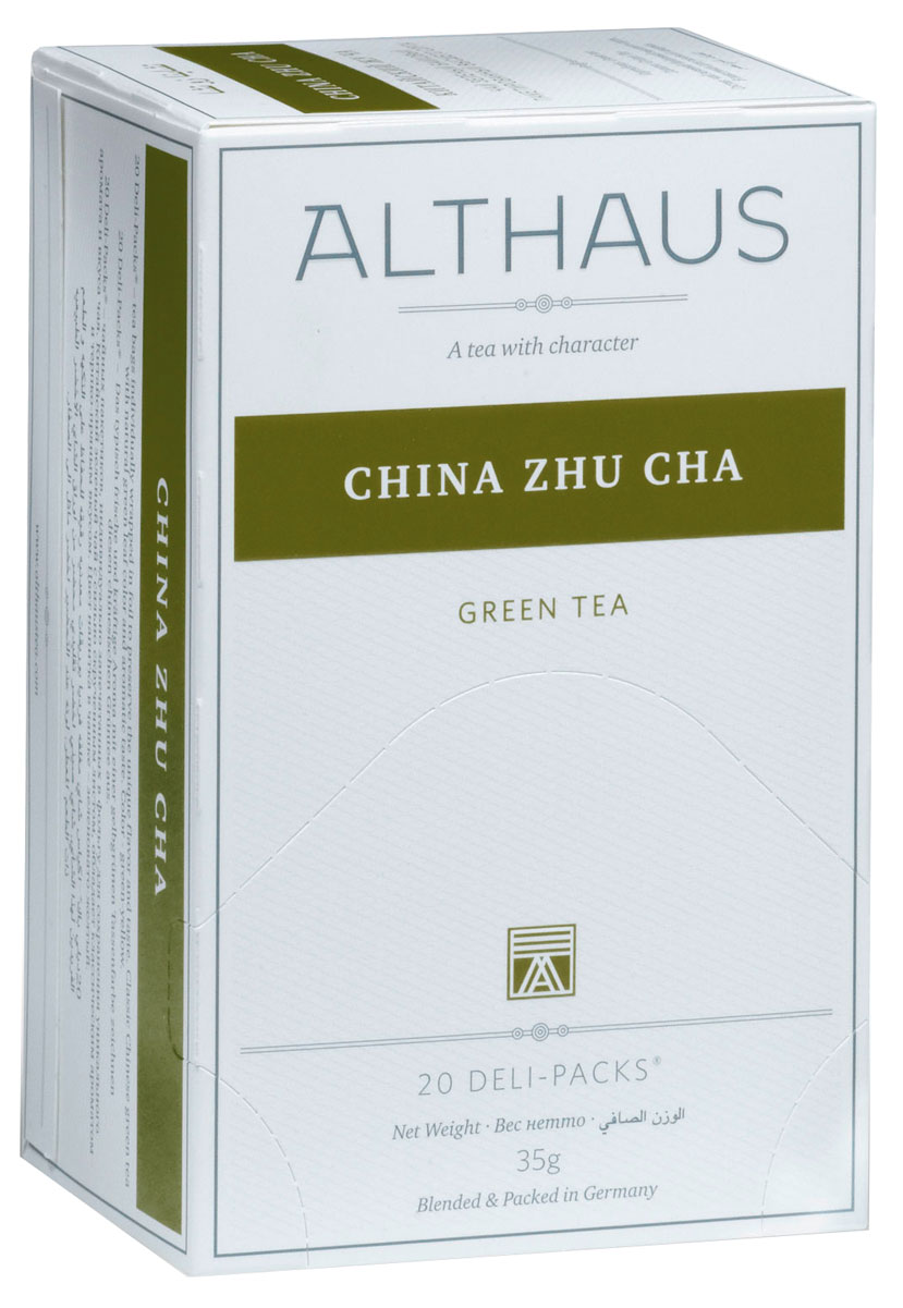 Althaus China Zhu Cha чай зеленый в пакетиках, 20 штTALTHB-DP0018 Althaus China Zhu Cha чай зеленый в пакетиках, 20 штTALTHB-DP0018China Zhu Cha - популярный зеленый чай с классическим ароматом и терпким травянистым вкусом. Легкие смолисто-дымные оттенки, явная кислинка и нота сухофруктов создают индивидуальность этого чая.В Азии Жу Ча приобрел широкую популярность как повседневный зеленый чай.Он часто используется в различных смесях и ароматизированных чаях.Оптимальная температура заваривания чая Китайский Жу Ча 80°С.В каждой упаковке находится по 20 пакетиков чая для чашек.Страна: Китай.Температура воды: 80-90 °С.Время заваривания: 2-3 мин.Цвет в чашке: зелено-желтый.Althaus - премиальная чайная коллекция.Чай, ингредиенты и ароматизаторы для своих купажей компания Althaus получает от тщательно выбираемых чайных садов, мировых поставщиков высококачественных сублимированных фруктов и трав, а также ведущих европейских производителей ароматизаторов. Пакетик Deli Pack представляет собой порционный двухкамерный мешочек из фильтр-бумаги, запаянный в специальный термоконверт с алюминиевой фольгой. Материал конвертов, в которые запаиваются мешочки с чаем Althaus состоит из четырех слоев:белая бумага с нанесением изображенияполиэтилен пониженной плотностиалюминиевая фольгаполипропилен.Благодаря такому составу упаковка Deli Packs исключает потерю первоначального вкуса и аромата чая в процессе транспортировки и хранения. Deli Packs прекрасно подходят для:домашнего использованияресторанов самообслуживаниябанкетовзавтраков в гостиницахлюбых других случаев, когда необходимо быстро и без особых усилий заварить чашку качественного чая.