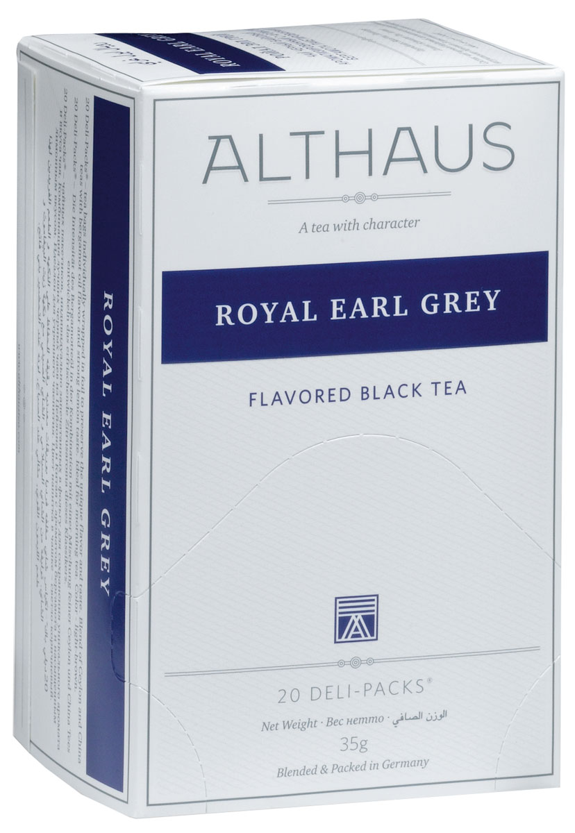Althaus Royal Earl Grey чай ароматизированный в пакетиках, 20 штTALTHB-DP0017 Althaus Royal Earl Grey чай ароматизированный в пакетиках, 20 штTALTHB-DP0017Royal Earl Grey - это купаж из лучших индийских и цейлонских сортов черного чая, дающий насыщенный классический вкус с элегантными цитрусовыми нотками бергамота. Масло бергамота способствует концентрации внимания и улучшению настроения, поэтому Эрл Грей идеален для утреннего чаепития.Оптимальная температура заваривания Ройал Эрл Грей 95°С.В каждой упаковке находится по 20 пакетиков чая для чашек.Страна: Индия, Шри-Ланка.Температура воды: 85-100 °С.Время заваривания: 3-5 мин.Цвет в чашке: светло-коричневый. Althaus - премиальная чайная коллекция. Чай, ингредиенты и ароматизаторы для своих купажей компания Althaus получает от тщательно выбираемых чайных садов, мировых поставщиков высококачественных сублимированных фруктов и трав, а также ведущих европейских производителей ароматизаторов. Пакетик Deli Pack представляет собой порционный двухкамерный мешочек из фильтр-бумаги, запаянный в специальный термоконверт с алюминиевой фольгой. Материал конвертов, в которые запаиваются мешочки с чаем Althaus состoит из четырех слоев:белая бумага с нанесением изображенияполиэтилен пониженной плотностиаллюминиевая фольгаполипропилен.Благодаря такому составу упаковка Deli Packs исключает потерю первоначального вкуса и аромата чая в процессе транспортировки и хранения. Deli Packs прекрасно подходят для:домашнего использованияресторанов самообслуживаниябанкетовзавтраков в гостиницахлюбых других случаев, когда необходимо быстро и без особых усилий заварить чашку качественного чая.