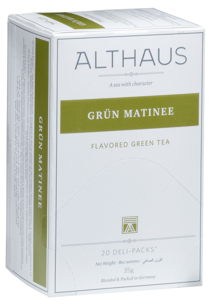 Althaus Grun Matinee чай травяной в пакетиках, 20 штTALTHB-DP0021 Althaus Grun Matinee чай травяной в пакетиках, 20 штTALTHB-DP0021Grun Matinee - необыкновенный купаж классического японского зеленого чая Сенча, изысканных тропических фруктов. Оптимальная температура заваривания Grun Matinee 85°С. В каждой упаковке находится по 20 пакетиков чая для чашек. Страна: Япония.Температура воды: 75-85 °С.Время заваривания: 2-3 мин.Цвет в чашке: светло-зеленый.Althaus - премиальная чайная коллекция.Чай, ингредиенты и ароматизаторы для своих купажей компания Althaus получает от тщательно выбираемых чайных садов, мировых поставщиков высококачественных сублимированных фруктов и трав, а также ведущих европейских производителей ароматизаторов. Пакетик Deli Pack представляет собой порционный двухкамерный мешочек из фильтр-бумаги, запаянный в специальный термоконверт с алюминиевой фольгой. Материал конвертов, в которые запаиваются мешочки с чаем Althaus состоит из четырех слоев:белая бумага с нанесением изображенияполиэтилен пониженной плотностиалюминиевая фольгаполипропилен.Благодаря такому составу упаковка Deli Packs исключает потерю первоначального вкуса и аромата чая в процессе транспортировки и хранения. Deli Packs прекрасно подходят для:домашнего использованияресторанов самообслуживаниябанкетовзавтраков в гостиницахлюбых других случаев, когда необходимо быстро и без особых усилий заварить чашку качественного чая.