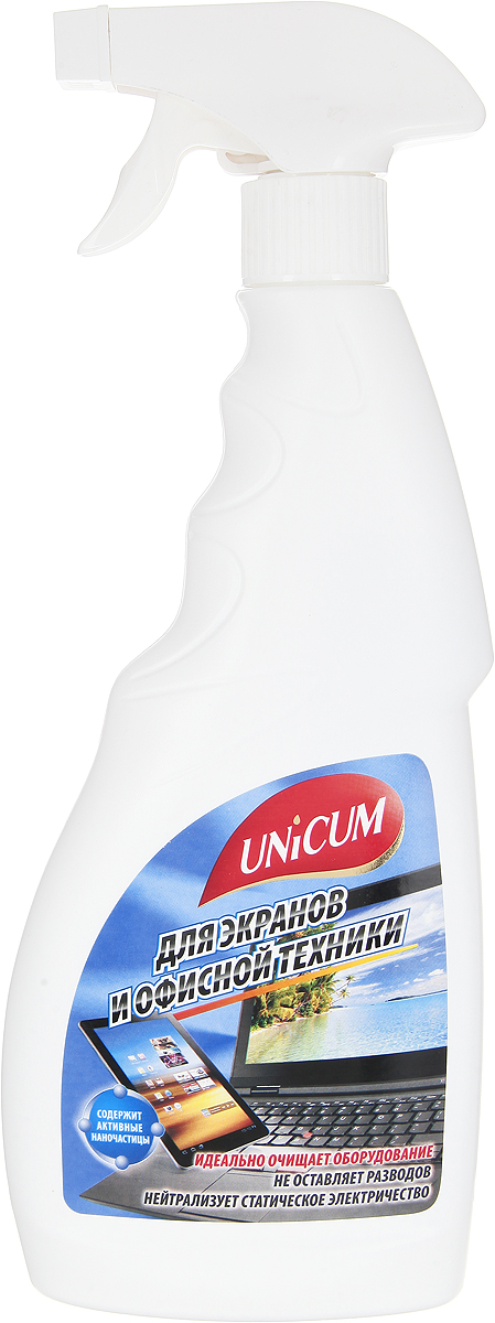 Средство для чистки офисной техники и экранов Unicum, 500 мл300322 Средство для чистки офисной техники и экранов Unicum, 500 мл300322Высокоэффективное средство Unicum для легкой и мягкой очистки всех типов современного бытового и офисного электронного оборудования: компьютеров, ноутбуков, телевизоров, копировальной техники, телефонов, в том числе с LCD и LED дисплеями, включая экраны тач-скрин, а также очистки диоптрических, солнцезащитных и 3D-очков. Средство быстро удаляет пыль, грязь, следы от высохших капель воды, следы от рук, не дает разводов, не нарушает антибликовых покрытий и оставляет защитный нанослой, препятствующий налипанию пыли и последующим загрязнениям.Состав: деминерализованная вода, изопропанол Уважаемые клиенты!Обращаем ваше внимание на возможные изменения в дизайне упаковки. Качественные характеристики товара остаются неизменными. Поставка осуществляется в зависимости от наличия на складе.