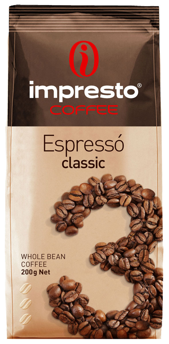 Impresto Espresso Classic кофе в зернах, 200 гCIMPCH-000007 Impresto Espresso Classic кофе в зернах, 200 гCIMPCH-000007Традиционный итальянский эспрессо с мягким и бархатистым характером. Вы узнаете его по благородному вкусу, идеальной воздушной кремаи необыкновенному аромату с нотами пряностейи шоколада. Страна: Бразилия, Уганда.Коллекция Impresto – это особая линейка с оригинальными рецептурами из 100% арабики и сбалансированных купажей с робустой, а также декофеинизированный кофе и фильтр-смеси. Мы с радостью предоставляем возможность каждому ценителю кофе приготовить дома превосходный утренний американо, послеобеденную чашечку эспрессо и вечерний кофе с молоком. Купажи Impresto – это зерно с лучших плантаций мира, мастерство европейского обжарщика, тщательное купажирование и высокотехнологичное производство с приверженностью к итальянским кофейным традициям. Impresto – это не только качественный кофе, но и бренд с насыщенной эмоциональной составляющей. Impressive, rest, espresso, restaurant, presto – все это несет в себе Impresto. Новый кофе Impresto – это идеальный выбор современных и динамичных людей, которые любят и умеют ценить действительно вкусный кофе.