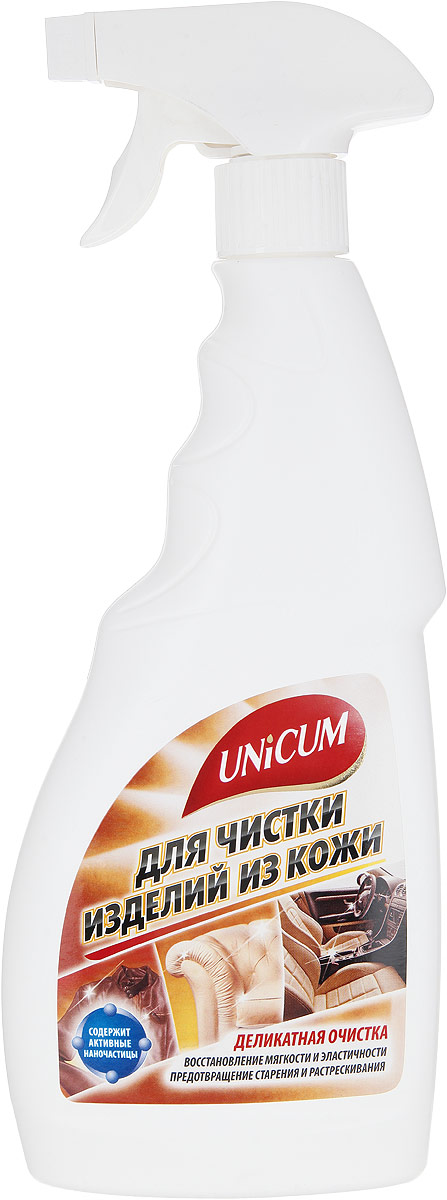 Средство для чистки изделий из кожи Unicum, 500 мл300063 Средство для чистки изделий из кожи Unicum, 500 мл300063Средство Unicum для деликатной очистки и продления срока службы изделий из кожи. Уникальное средство возвращает кожаным изделиям первоначальный вид, мягкость и эластичность, естественный шелковистый блеск и приятный запах, предотвращает старение и при регулярном применении существенно продлевает срок их службы. Рекомендуется для регулярной обработки кожаной мебели, салонов автомобилей, пальто, курток, сумок, портфелей, ремней, высококачественной обуви. После обработки средством остается нанослой, отталкивающий загрязнения и облегчающий последующий уход.Состав: очищенная вода, силиконовая микроэмульсия 5-15%, ухаживающие добавки <5%, НПАВ <5%, отдушка <5%, консервант <5%.