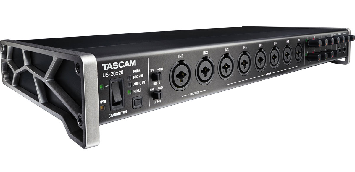 Tascam US-20x20, Black аудиоинтерфейсUS-20x20 Tascam US-20x20, Black аудиоинтерфейсUS-20x20Tascam US-20x20 - 20-канальный звуковой интерфейс для шины USB 3.0. Данный продукт является флагманской моделью в своей линейке и предназначен для использования в профессиональных студиях. Устройство поддерживает частоты дискретизации до 192 кГц при подключении к порту USB 3.0 и может работать в нескольких режимах, что делает её весьма универсальным устройством, в том числе для многоканальной записи.Устройство оборудовано DSP-микшером для цифрового микширования с низким уровнем задержки. Каждый канал имеет 4-полосный эквалайзер и компрессор для формирования окончательного варианта звучания микса. Этот интерфейс можно даже использовать в качестве автономного микрофонного предусилителя. Кроме того, US-20x20 обеспечен драйверами для Mac и Windows, а также совместимыми драйверами для планшетов. MIDI вход и выход находится на задней панели. Имеются аналоговые входы/выходы для практически любой музыкальной записи.Микрофонные предусилители Ultra-HDDA самые чистые, тихие и звучат намного лучше, по сравнению с другими интерфейсами в этом диапазоне. Диапазон усиления в 57 дБ делает их идеальными для любого типа микрофонов - динамических, конденсаторных и ленточных. Дизайн этих предусилителей основан на дискретных компонентах как у классических профессиональных приборов. Они имеют EIN - 125 дБ, который означает, что их уровень шума практически ниже слышимого диапазона. Другими немало важными спецификациями являются: соотношение сигнал-шум 104 дБ. Ultra-HDDA микрофонные предусилители и линейные входы предусматривают 20 дБ запаса мощности, что дает возможность записывать ударные с высоким SPL инструменты, например барабанные треки.Благодаря DSP микшеру и усовершенствованным USB драйверам, работа с US-20x20 стала более комфортной. DSP микшер дает возможность обработки в DAW без задержки, а новые драйвера, созданные с нуля, обеспечивают лучшую совместимость с Mac, Windows и iPad. Частотный диапазон: 20-80000 Гц (при 176,4/192 кГц)Сопротивление: 2.4 кОм (микрофонные входы), 10 кОм (линейные входы), 1 МОм (инструментальный вход), 100 Ом (линейный выход)Уровень сигнала: +8 dBu max (микрофонный и инструментальный вход), +24 dBu (линейный вход), +28 dBu (мониторный выход), +24 dBu (линейный выход) Выходная мощность: 70 мВт + 70 мВт (выход на наушники), +4 - 24 dBu (линейный выход) ЦАП: 24 бит/192 кГцЧастота дискретизации: 192 кГц, 176,4 кГц, 96 кГц, 88.2 кГц, 48 кГц, 44.1 кГц Усилитель: -125 dBu, Ultra HDDA Preamps (микрофонный вход)THD+N: 0.004%Отношение сигнал/шум: 104 дБ3 переключаемых режима работы: звуковой интерфейс, автономный микшер и микрофонный предусилительЭффект реверберацииЦифровой коаксиальный вход и выход S/PDIFВход и выход Word Clock на разъёмах BNCВход и выход MIDI (5-контактные)Многоканальный цифровой оптический вход и выход с поддержкой SMUXАналоговые входы: 8 комбинированных аналоговых входов XLR/TRS с фантомным питанием +48 В, 2 балансных TRS-входаАналоговые выходы 2 x 6,3 Jack (stereo) выход на наушники, 10 балансных TRS Line-OutСовместимость с Sonar, GarageBand, Pro Tools, Cubase, Ableton Live и Studio One
