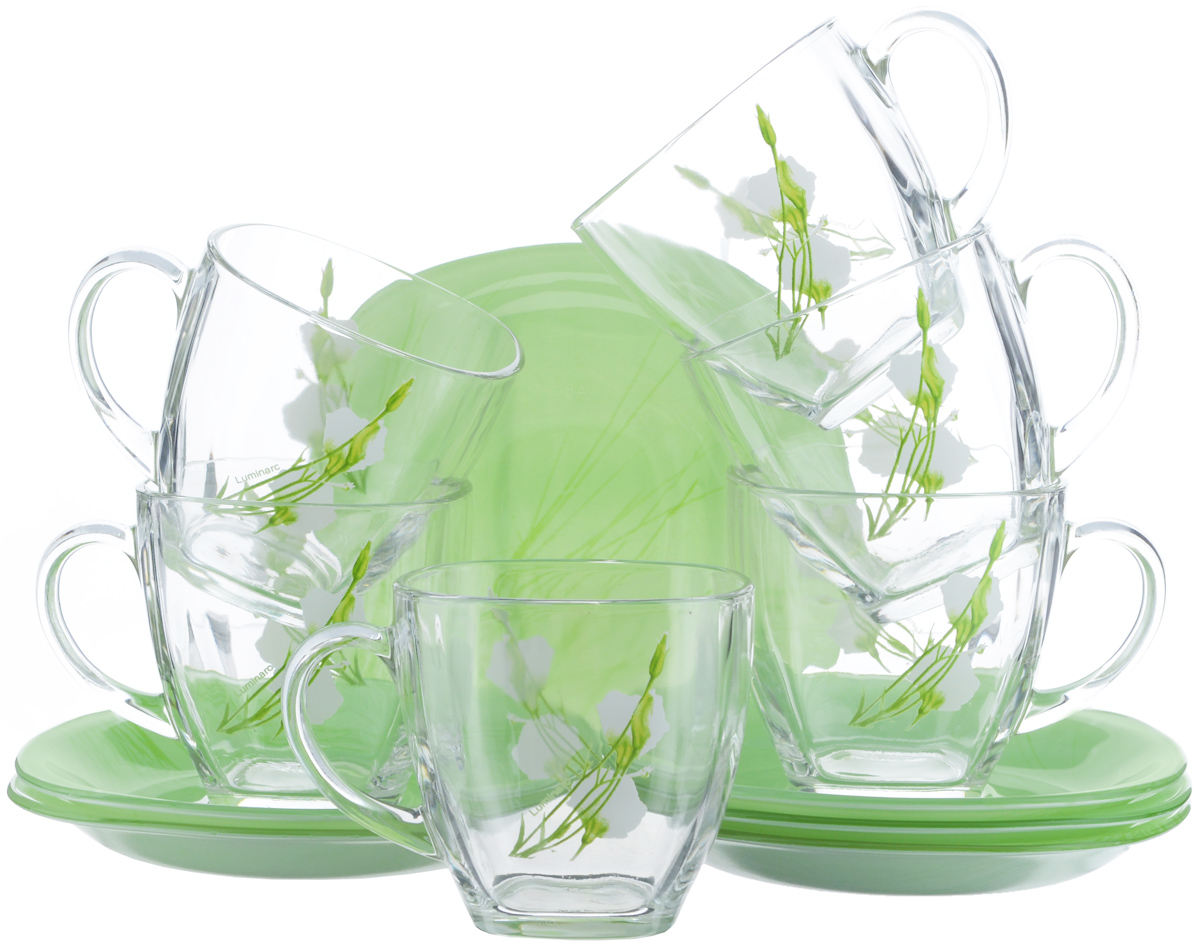 Набор чайный Luminarc Sofiane Green, 12 предметовJ7939 Набор чайный Luminarc Sofiane Green, 12 предметовJ7939Чайный набор Luminarc Sofiane Green состоит из 6 чашек и 6 блюдец. Изделия выполнены из высококачественного ударопрочного стекла, украшены красивым цветочным узором. Посуда отличается прочностью, гигиеничностью и долгим сроком службы, она устойчива к появлению царапин и резким перепадам температур. Такой набор прекрасно подойдет как для повседневного использования, так и для праздников или особенных случаев. Чайный набор Luminarc - это не только яркий и полезный подарок для родных и близких, это также великолепное дизайнерское решение для вашей кухни или столовой. Изделия можно мыть в посудомоечной машине и использовать в СВЧ-печи. Объем чашки: 220 мл. Размер чашки: 7,5 см х 7,5 см х 7,5 см. Размер блюдца: 13,5 см х 13,5 см.