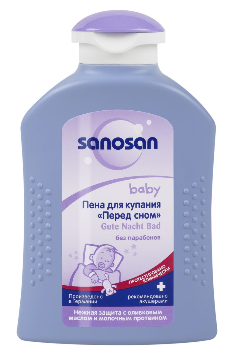 Sanosan Пена для купания Перед сном, 200 мл985267 Sanosan Пена для купания Перед сном, 200 мл985267Пена для купания Перед сном с помощью мягких моющих компонентов растительного происхождения тщательно очищает кожу во время купания. Молочный протеин и оливковое масло предохраняют нежную кожу малыша от пересушивания и сохраняют ее естественный водно-жировой баланс.
