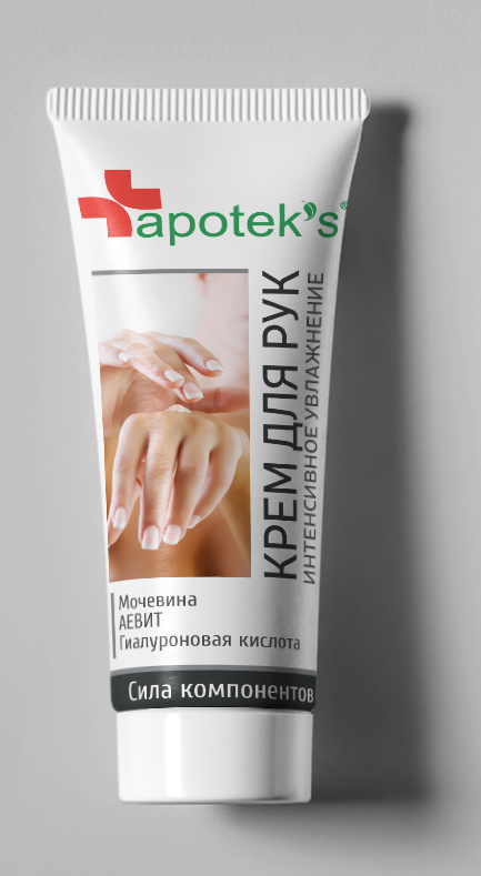Apoteks Крем для рук интенсивное увлажнение, 75 мл4650001794291 Apoteks Крем для рук интенсивное увлажнение, 75 мл4650001794291Крем для рук повышает тонус кожи, улучшает внешний вид и структуру кожных покровов.Мочевина обеспечивает моментальное увлажнение даже самой сухой кожи рук, восстанавливая ее гладкость и мягкость. АЕВИТ оказывает антиоксидантное и регенерирующее действие, тонизирует и освежает «уставшую» кожу.Гиалуроновая кислота интенсивно увлажняет, стимулирует выработку коллагена и эластина для поддержания молодости кожи.
