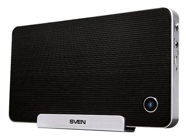 Sven PS-100BL, Black акустическая система 2.0SV-0110PS100BLBK Sven PS-100BL, Black акустическая система 2.0SV-0110PS100BLBKКомпания SVEN представила портативную акустическую систему SVEN PS-100BL. Данная модель – универсальна для большинства мобильных устройств и очень удобна в эксплуатации. Ее можно применять в случае, если вы хотите посмотреть фильм на планшете или послушать музыку со смартфона. В корпус системы встроен микрофон, модель поддерживает громкую связь и может работать в режиме гарнитуры, поэтому ее удобно использовать при многосторонней конференц-связи. В формате индивидуального пользования SVEN PS-100BL также имеет массу плюсов. Основание системы прорезинено и не скользит по лакированному или стеклянному столу. Внутренняя часть откидывающейся подставки имеет резиновую прокладку. Устойчиво удерживает смартфон или планшет в положении монитора. Это важно для тех, кто привык смотреть фильмы, устроившись поудобнее на диване, и не готов полтора часа держать планшет или ноутбук в руках. В модель встроены пассивные излучатели, поэтому система воспроизводит ощутимый глубокий бас, один из лучших по своим характеристикам для сегмента портативной акустики. Система автономна и может работать от встроенного аккумулятора. Она не ограничивает пользователя проводами для коммутации и питания от сети. Передача сигнала от источника звука идет в режиме Bluetooth. При этом акустика имеет стереовход и может быть подключена к ноутбуку, плееру и другим устройствам с помощью кабеля. SVEN PS-100BL очень компактна и по размерам напоминает ежедневник. Ее удобно брать с собой в поездки в обычном саквояже. Во внешнем виде акустика повторяет многие элементы дизайна современных смартфонов. У нее характерные скругленные углы, кнопочки, позволяющие управлять треками и громкостью системы, а также выполненная по периметру корпуса декоративная окантовка под хром. Аккумулятор Li-Ion 1150 mAh