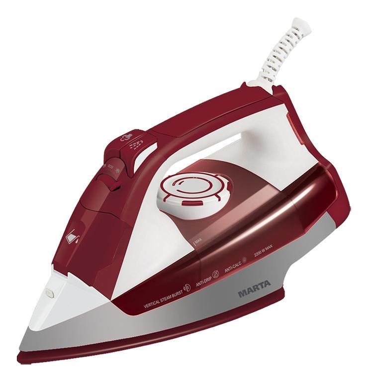 Marta MT-1128, Red утюгMT-1128 Marta MT-1128, Red утюгMT-1128Мощный утюг с удобными большими клавишами на ручке для отпаривания и разбрызгивания воды. Рабочая поверхность снабжена 123 отверстиями для идеального отпаривания Прекрасно скользит и легко очищается от загрязнений Рабочая поверхность с двойным керамическим покрытием обеспечивает высокое качество разглаживания, легкость скольжения и абсолютную экологичность при интенсивном нагреве. Для наилучшего отпаривания и эффективного разглаживания плотных тканей в утюге применена специальная технология вертикального парового удара. Утюг всегда сохраняет рабочие качества благодаря функции самоочистки, позволяющей очищать паровую камеру от примесей. Антикапельная система исключает утечку воды.