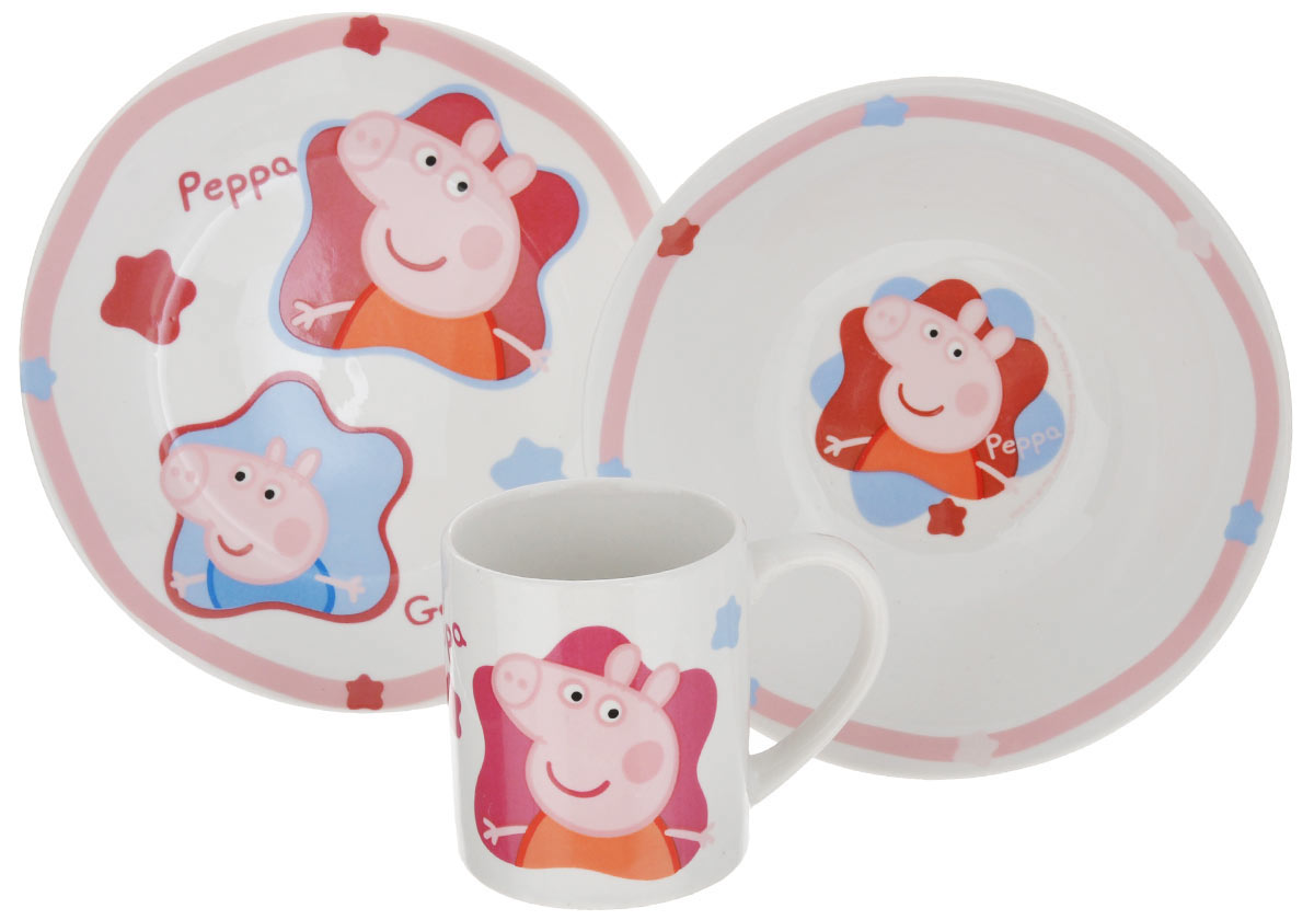 Набор детской посуды Peppa Pig, 3 предмета72765 Набор детской посуды Peppa Pig, 3 предмета72765Набор детской посуды Peppa Pig изготовлен из высококачественной керамики. В набор входит: тарелка, миска и кружка. Предметы набора оформлены красочным изображением забавных свиней. Яркие краски, используемые в детских дизайнах, абсолютно безопасны и несодержат вредных элементов для здоровья малыша. Этот набор будет долгое время радовать вашего ребенка!Диаметр кружки (по верхнему краю): 7 см. Высота кружки: 8,5 см. Объем кружки: 210 мл. Диаметр тарелки (по верхнему краю): 19 см. Высота тарелки: 2 см.Диаметр миски (по верхнему краю): 17,5 см. Высота миски: 6 см.