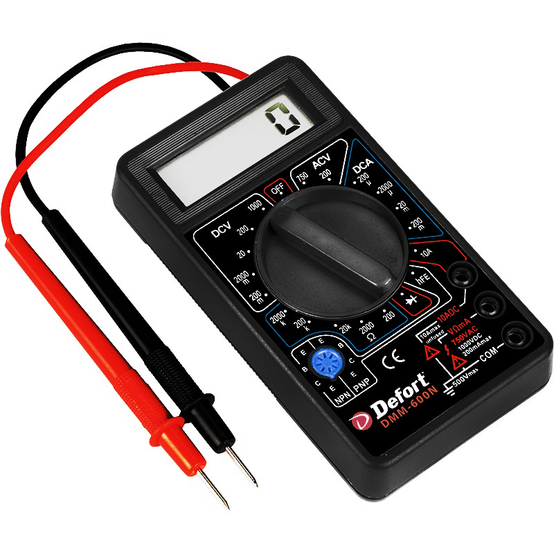 Мультиметр Defort DMM-600N98298130 Мультиметр Defort DMM-600N98298130Мультиметр цифровой предназначен для измерения напряжения постоянного тока (V DC), силы постоянного тока (A DC), напряжения переменного тока (V AC), силы переменного тока (А АС), сопротивления (Ом), для проверки диодов, а также непрерывности электрических цепей (прозвонки).