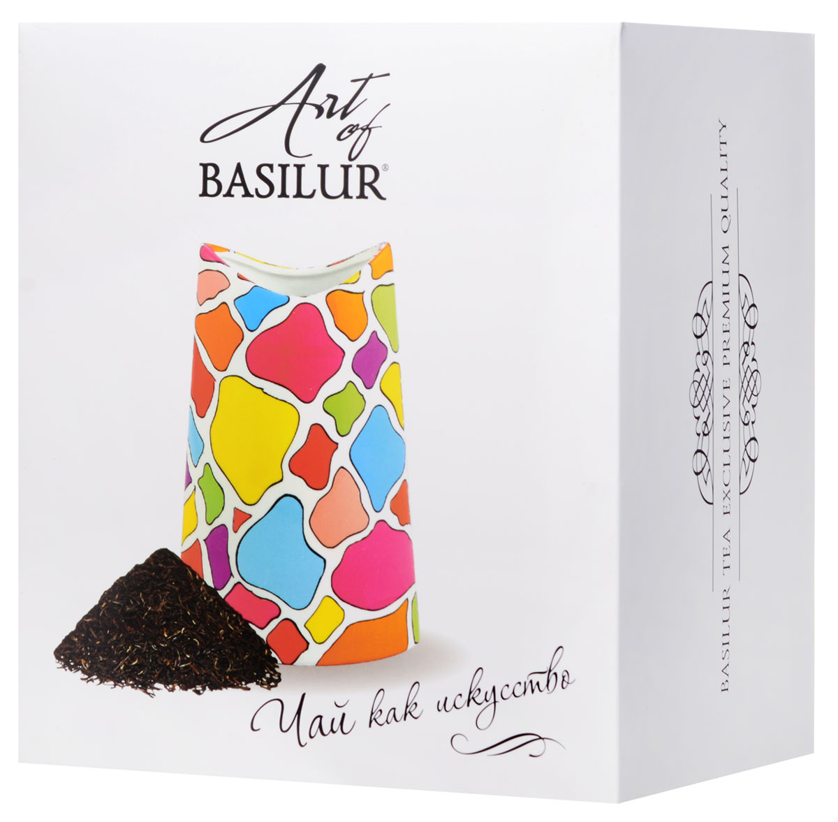 Basilur Клубника и киви черный листовой чай + ваза Ника Мозаика, 100 г50324-00 Basilur Клубника и киви черный листовой чай + ваза Ника Мозаика, 100 г50324-00Уникальный стильный набор Art of Basilur представляет собой дизайнерскую керамическую вазу и элитный цейлонский чай Basilur Клубника и киви в 100гр упаковке. Листовой черный чай с кусочками клубники и киви подарит заряд бодрости и энергии на весь день, а элегантная керамическая ваза Ника послужит прекрасным дополнением к интерьеру вашего дома.Ваза Ника изготовлена из керамики высокого качества и украшена оригинальным ярким узором. Оптимальный размер и необычная форма вазы отлично подходит для букетов различной длины или может использоваться в качестве стильного декоративного элемента. Эксклюзивная ваза Ника проекта Art of Basilurподчеркнет богатство интерьера и веселый, позитивный характер владельца, а качественный цейлонский чай окажется приятным согревающим дополнением.Ваза: высота: 20 см, диаметр отверстия для цветов: 9 х 5,7 см, диаметр основания вазы: 9,5 х 13,2 см