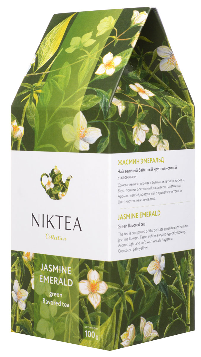 Niktea Jasmine Emerald зеленый листовой чай, 100 гTALTHA-L00004 Niktea Jasmine Emerald зеленый листовой чай, 100 гTALTHA-L00004Niktea Jasmine Emerald - сочетание нежного чая с бутонами летнего жасмина. Элегантная композиция с характерно цветочным ароматом и легкими древесными тонами в послевкусии.Коллекция NikTea разработана командой экспертов, имеющих богатый опыт в чайной индустрии. Во время ее создания выбирались самые надежные поставщики из Европы и стран происхождения чая, а в линейку включили не только топовые аутентичные позиции, но и новые интересные рецептуры в традициях современной чайной миксологии.NikTea - это действительно качественный чай. Для истинных ценителей мы предлагаем безупречное качество: отборное сырье, фасовку на высокотехнологичном производственном комплексе в России, постоянный педантичный контроль готового продукта, а также сертификацию сырья по международным стандартам.NikTea - это разнообразие. В линейках листового и пакетированного чаяпредставлены все основные группы вкусов - от классического черного и зеленого чая до ароматизированных, фруктовых и травяных композиций.NikTea - это стиль. Необычная упаковка с модным авторским дизайном создает яркий и запоминающийся стиль, а интересные коктейльные рецептуры дают возможность экспериментировать со вкусами.В листовой коллекции Niktea воплощена самобытность различных стран, яркие образы различных культур. Среди 6 купажей самобытных купажей каждый найдет свой любимый вкус для чаепития в любой ситуации - на работе, дома или в самых удаленных уголках планеты.Для такого чая мы создали и соответствующую упаковку: колоритный дизайн, удобный клапан с перфорацией для многократного использования, оригинальная по форме пачка с фольгированным герметичным пакетом, который сохраняет свежесть аромата и вкуса на долгое время.
