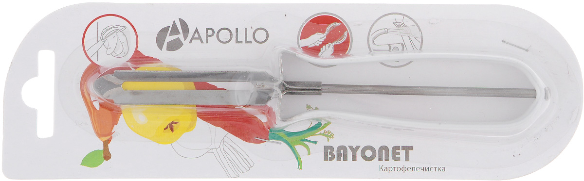 Картофелечистка Apollo Bayonet, цвет: белыйBOT-01 Картофелечистка Apollo Bayonet, цвет: белыйBOT-01Картофелечистка Bayonet предназначена для аккуратного удаления кожуры с овощей и фруктов. Изделие выполнено из высококачественной нержавеющей стали. Ручка имеет противоскользящее покрытие.Общая длина картофелечистки: 15 см.Длина рабочей части: 6 см.