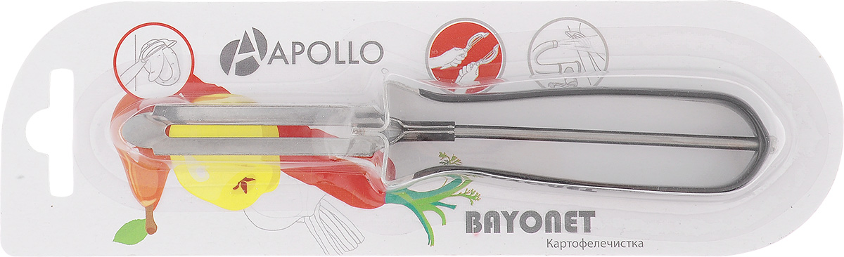 Картофелечистка Apollo Bayonet, цвет: черныйBOT-01_черн Картофелечистка Apollo Bayonet, цвет: черныйBOT-01_чернКартофелечистка Bayonet предназначена для аккуратного удаления кожуры с овощей и фруктов. Изделие выполнено из высококачественной нержавеющей стали. Ручка имеет противоскользящее покрытие.Общая длина картофелечистки: 15 см.Длина рабочей части: 6 см.