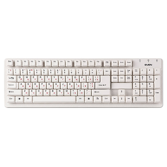Sven Standard 301 USB, White клавиатураSV-03100301UW Sven Standard 301 USB, White клавиатураSV-03100301UWКомпания Sven представляет надежную, практичную и удобную клавиатуру с классической раскладкой - Standard 301. Модель оснащена клавишей быстрого доступа к калькулятору - это идеальное решение для тех, чья работа связана с постоянными расчетами.Надежную конструкцию клавиатуры оценят любители попить кофе на рабочем месте: для влагозащищенной Sven Standard 301 пролитые напитки не страшны.Корпус устройства выполнен из матового пластика. Модель выпускается в трех цветах: традиционном черном, сдержанном сером и классическом белом. Клавиши Standard 301 имеют мягкий и тихий ход - работа на этой клавиатуре практически бесшумна.