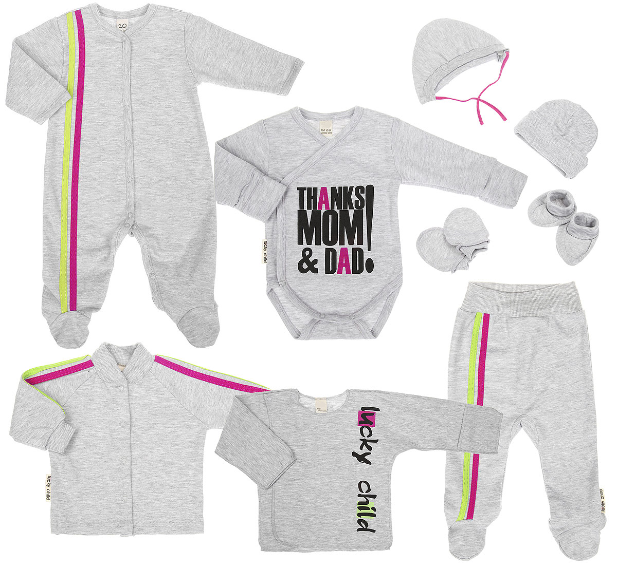 Подарочный комплект для новорожденного Lucky Child Спортивная, 9 предметов, цвет: светло-серый меланж. 1-1000Д. Размер 62/68
