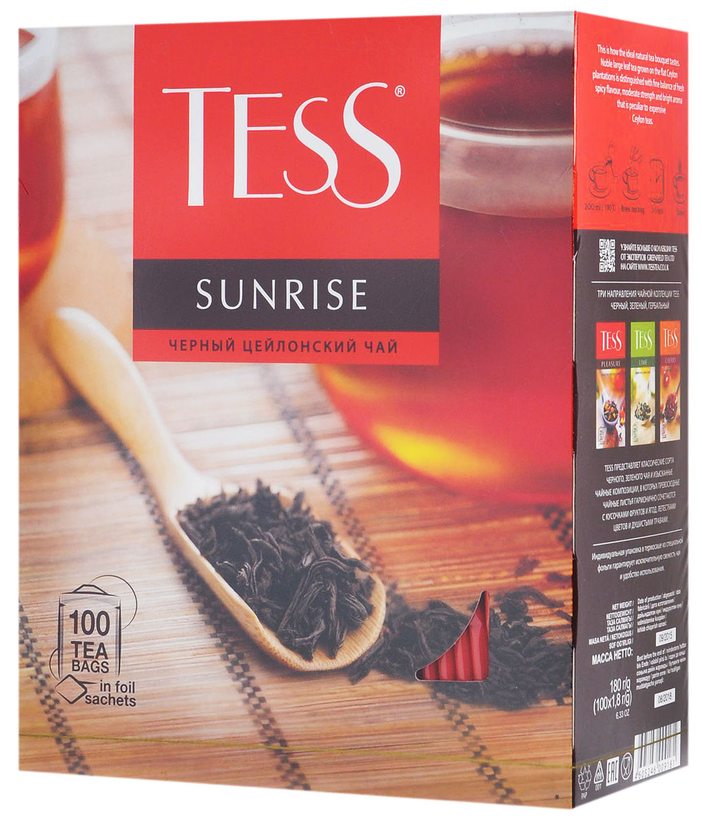 Tess Sunrise черный чай в пакетиках, 100 шт0918-09 Tess Sunrise черный чай в пакетиках, 100 шт0918-09Черный байховый цейлонский чай Tess Sunrise отличается необыкновенно насыщенным ярким вкусом и тонким, очень приятным ароматом, свойственным цейлонским чаям.