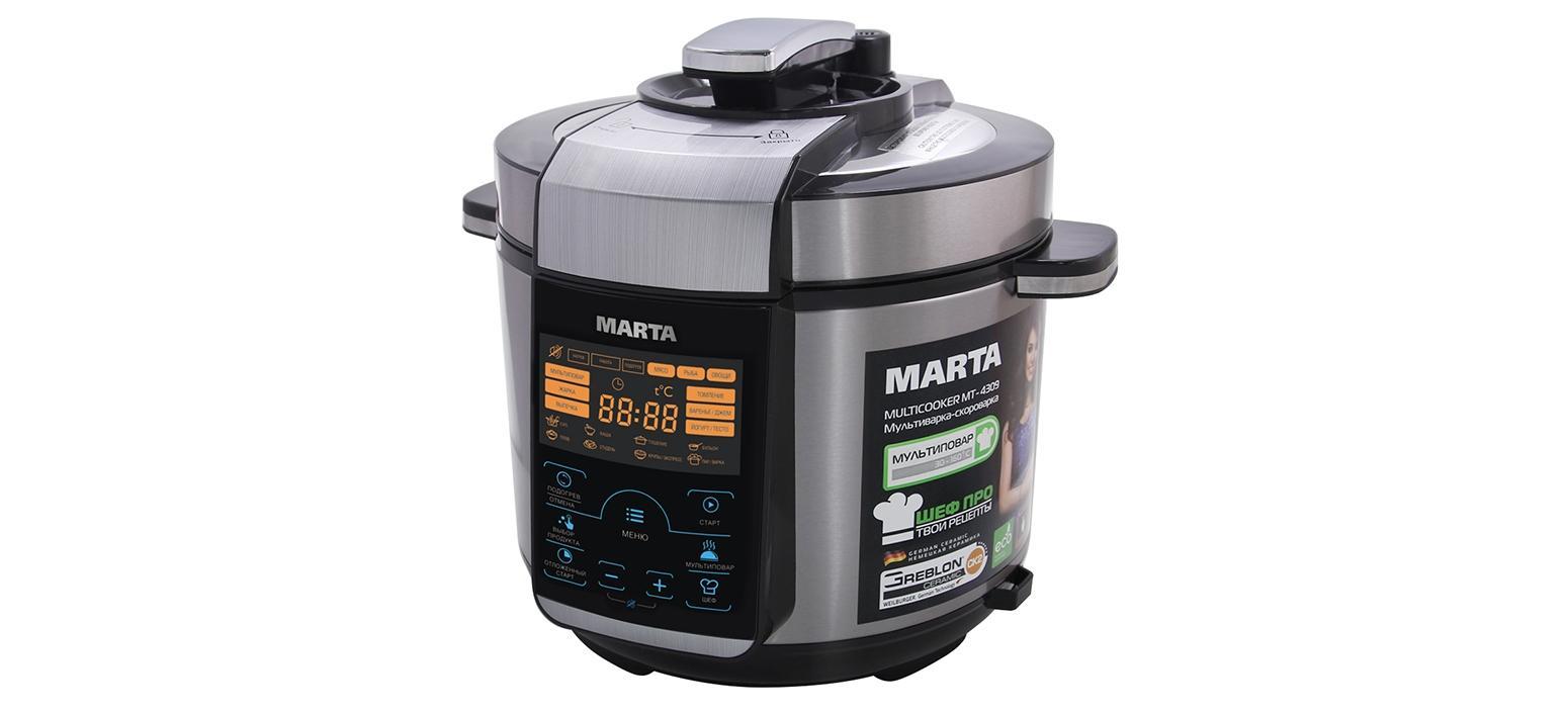Marta MT-4309, Black Grey мультиваркаMT-4309 Marta MT-4309, Black Grey мультиваркаMT-4309Marta представляет новую уникальную мультиварку-скороварку, обладающую совершенным дизайном и всеми возможными функциями. Это настоящий прибор 2 в 1 - мультиварка и скороварка! Он позволяет готовить с давлением и без давления.МАRТА МТ-4309 комплектуется ТОЛСТОСТЕННОЙ чашей с немецким керамическим покрытием GREBLON® CK2. Главной особенностью модели МАRТА МТ-4309 является то, что это универсальное устройство, которое совмещает функции мультиварки и скороварки. В ней есть программы, которые используют технологию приготовления пищи под давлением, а есть программы, присущие простым мультиваркам, в которых приготовление происходит без давления. Ваше блюдо никогда не подгорит, сохранит свой вкус, аромат и витамины. СЕНСОРНОЕ управление позволит с легкостью управляться 45 программами приготовления, из которых 21 - полностью автоматическая: 15 работают в режиме скороварки, а 6 - в режиме мультиварки. Остальные 24 программы настраиваются вручную. А для полного раскрытия кулинарного таланта - программа МУЛЬТИПОВАР в комбинации с программой ШЕФ и функцией ШЕФ ПРО! Откройте для себя новые кулинарные возможности со скороварками Marta!МУЛЬТИПОВАР - задай собственные программы!В нашей мультиварке-скороварке предусмотрена программа «Мультиповар», которая позволяет устанавливать любые настройки времени и температуры для приготовления Ваших любимых блюд. Диапазон установки температуры – от 30 до 160°С с шагом в 1°С. Диапазон установки времени – от 1 минуты до 24 часов с шагом в 1 минуту и 1 час. С «Мультиповаром» Вы ни чем не ограничены. Любой рецепт, рассказанный по секрету старыми друзьями или найденный в выцветших строчках забытой на полке кулинарной книги, теперь может обрести новую жизнь и порадовать не только Вас, но и Ваших близких! Но самое главное, «Мультиповар» поможет Вам придумать свой самый лучший рецепт!ШЕФ ПРО - Изменяй базовые программы по своему вкусу и сохраняй в памяти любимые рецепты!Одной из главных особенностей современных мультиварок-скороварок является возможность ручной настройки времени (от 1 минуты до 24 часов с шагом в 1 минуту и 1 час) и температуры приготовления (от 30 до 160°C с шагом в 1°C) в настройках любой программы без давления и времени приготовления (от 1 минуты до 24 часов с шагом в 1 минуту и 1 час) в программах приготовления под давлением. Вы можете изменять автоматические настройки, как до начала программы приготовления, так и в процессе приготовления. А также, Вы можете не только задавать, но и сохранять собственные настройки и использовать их в будущем. Ручные настройки в сочетании с Вашим опытом помогут добиться наиточнейшего выполнения рецептов и создания новых. В каждой программе возможно более 1000 вариантов изменения времени-температуры! Наши эксперты создали для Вас автоматические программы. Станьте экспертом и Вы – создайте свои собственные режимы приготовления по Вашим лучшим рецептам!ШЕФ - изменяй время для приготовления под давлением!В нашей мультиварке-скороварке предусмотрена программа «Шеф», которая работает под давлением и позволяет устанавливать любые настройки времени для приготовления Ваших любимых блюд. Диапазон установки времени – от 1 минуты до 24 часов с шагом в 1 минуту и 1 час.Меню ВЫБОР ПРОДУКТАВ некоторых программах приготовления под давлением доступна функция ВЫБОР ПРОДУКТА, которая помогает достичь оптимального результата при приготовлении различных видов продуктов. Достигаются идеальные условия для сохранения полезных и питательных веществ и вместе с тем достигается необходимая степень готовности продукта. Функция доступна в программах ТУШЕНИЕ, БУЛЬОН, ПАР/ВАРКА.Немецкая керамика Greblon® CK2· Немецкий стандарт качества· Сохраняет истинный вкус и полезные свойства продуктов.· Имеет антибактериальные свойства, не окисляется со временем и не выделяет вредные примеси· Прослужит до 10-ти раз дольше обычного покрытияОтложенный стартМультиварку-скороварку можно заранее подготовить, загрузив в нее необходимые продукты, и настроить таким образом, чтобы программа приготовления запустилась самостоятельно, без вмешательства человека. Настройки этой функции позволяют установить время старта с задержкой до 24 часов.Автоподогрев (поддержание температуры)Программа автоматического запуска подогрева по завершении большинства программ позволяет сохранять приготовленное блюдо в состоянии, готовом к подаче на стол, в течение 24-х часов. Эта функция доступна для всех программ, кроме программ ЖАРКА и ЙОГУРТ/ТЕСТО (во избежание порчи готового блюда)Система безопасности скороваркиМультиварка-скороварка - сложный прибор, поэтому он снабжен следующими датчиками и возможностями: Система защиты от перегреваБлокировка крышки при высоком давленииДатчик контроля давленияКлапан сброса избыточного давленияДатчик контроля температурыТермопредохранительСохранение программы при отключении электропитания до последующего включенияВсе эти меры позволяют уверенно и безопасно эксплуатировать сложный прибор, получая от этого удовольствие.Дополнительные возможности Marta MT-4309пастеризация - новый уровень здоровья задают новые возможности. Ваши продукты могут храниться без риска испортитьсяприготовление сыра - уникальная возможность обеспечить самый вкусный и полезный завтрак для всей семьи! Представьте себе самый обычный бутерброд с сыром, в котором сыр собственного производства. Отличное начало дня!фондю - отличная возможность испытать новые технологии. Мультиварки Marta идеально подходят для приготовления фондю и любых его производных, предполагающих расплавление сыра или шоколада!подогрев детского питания - мультиварка-скороварка - лучшая няня, детское питание никогда не перегреется!творог - попробуйте творог собственного приготовления и забудьте о его аналогах на магазинных полках. Теперь достаточно найти хорошее молоко - все остальное сделает Martaстерилизация - отличный способ уничтожения всех видов бактерий. Детская посуда, банки для заготовок и прочее - теперь без лиших хлопот!